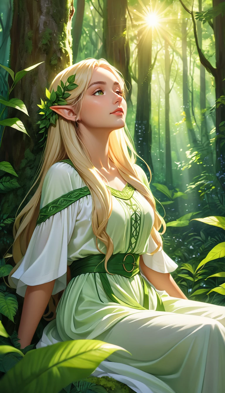 "An elf woman is sitting in the forest, no dia ensolarado, com a luz do sol brilhando sobre ela. She is dressed in green and white clothes, with long, blond hair falling over her shoulders. His expression is serene and calm, como se estivesse conectada com a natureza. The setting is a dense and lush forest, with tall trees and lush green leaves, criando uma atmosfera de paz e harmonia."
