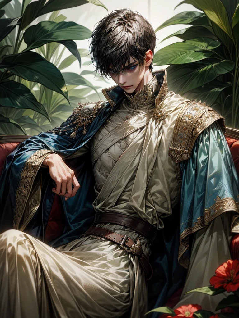One Handsome male, short black hair, Spiky hair, Bangs between eyes, small waist.
Fine eyes and detailed fine face. Blue eyes. lusciously detailed military clothing. Spreading military cape. Jewerly belt around waist.
Posing seductively on a couch.
Flowers and plants around him.
Hand on cheeks. Proper hands.
Cinematic lighting effects
Masterpiece Artwork
AbsurdRes 
High Definition level of art style
HDR