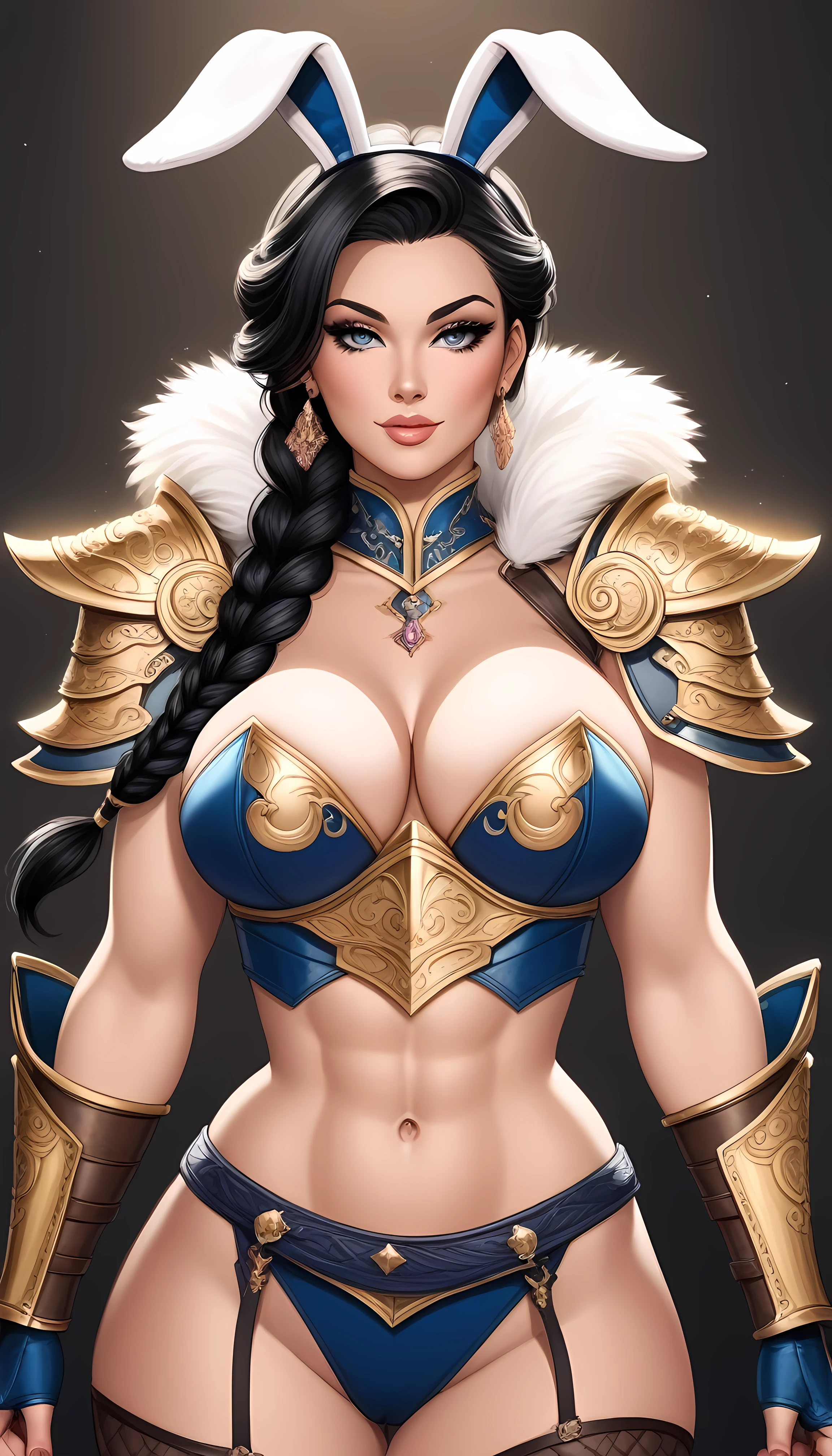 a warrior bunny girl who is very attractive with an elegant look on her face. She has long, braided black hair styled into a ponytail, with bunny ears adorning her head. Her armor is designed to be both functional and seductive, highlighting her curvy and alluring body figure. The armor should reveal her navel and accentuate her waistline. The overall aesthetic should combine strength and allure, with a balance of fierce warrior elements and feminine charm