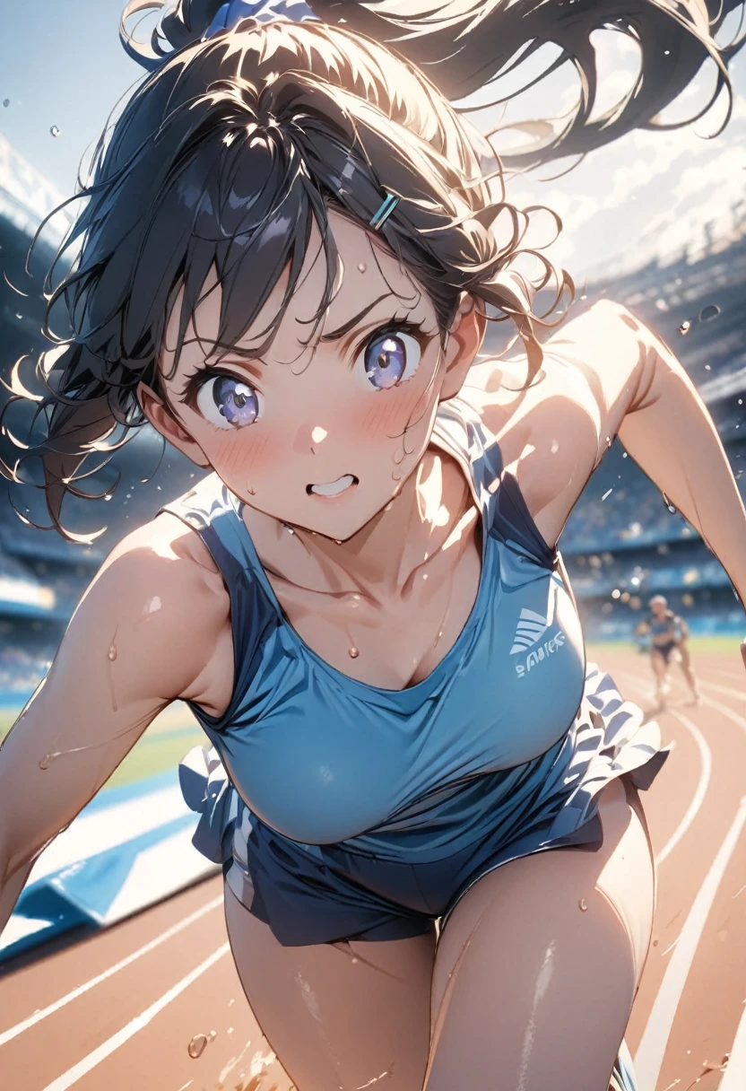 anime,depth of field, cinematic lighting, lens flare, f/1.2,(masterpiece:1.2),(high definition),Running Girl、Speed、A refreshing piece、Shortcuts、ponytail、hairpin、Sweat flying、Summer sunshine、Athletics、Black Hair