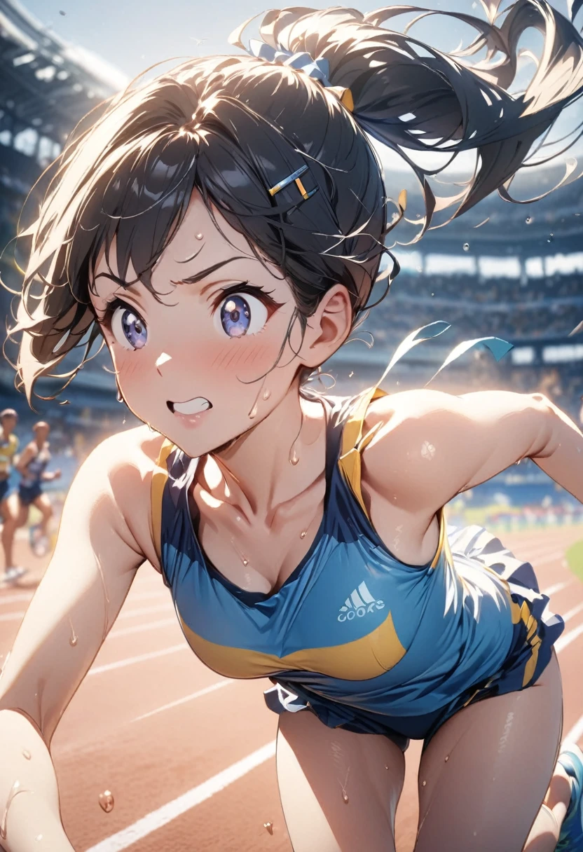 anime,depth of field, cinematic lighting, lens flare, f/1.2,(masterpiece:1.2),(high definition),Running Girl、Speed、A refreshing piece、Shortcuts、ponytail、hairpin、Sweat flying、Summer sunshine、Athletics、Black Hair