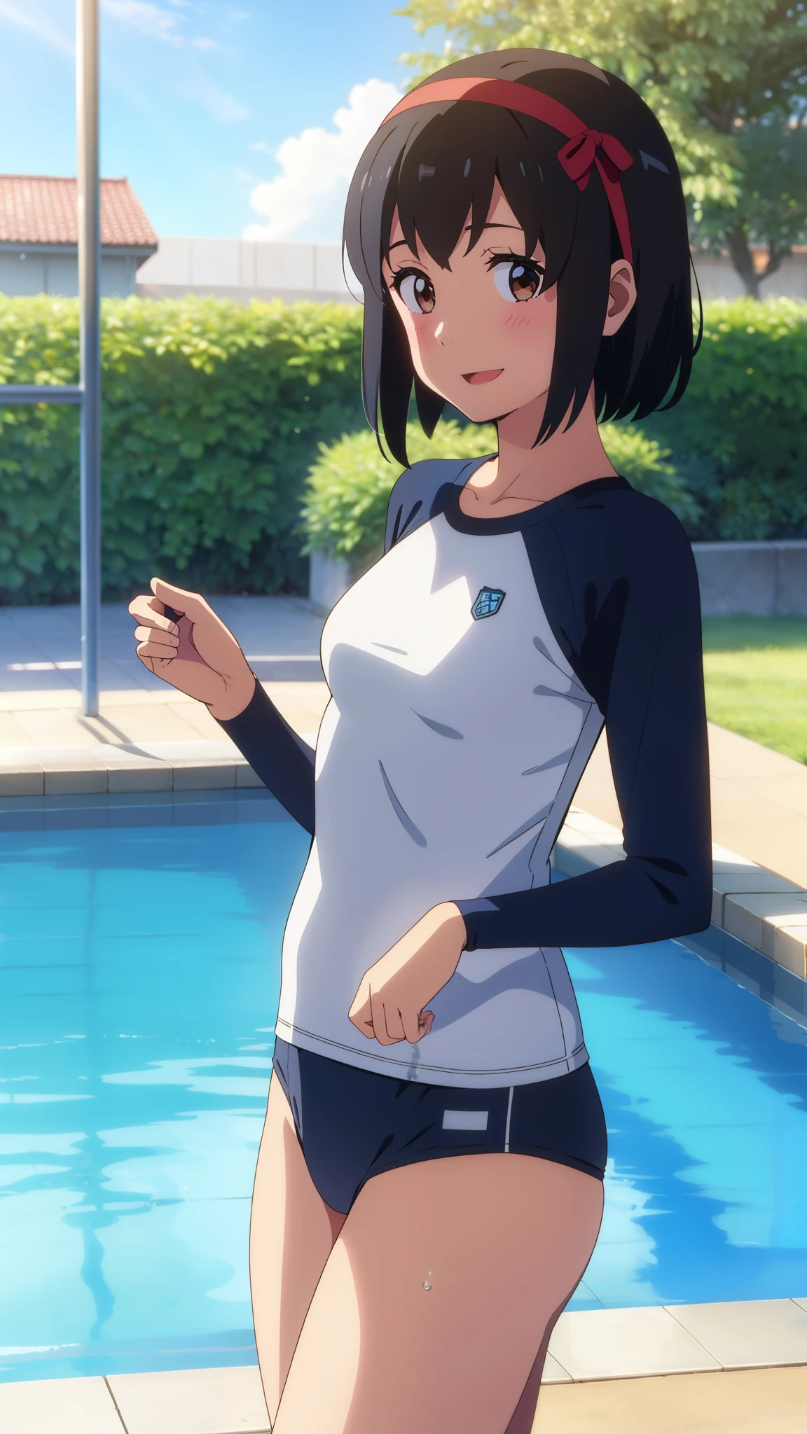 shinkai makoto, kimi no na wa., 1girl, bangs, black hair, brown eyes, headband, red headband, short hair, smile, pool, outdoors, splash, summer, shadow, solo, day, open mouth, blush, looking at the viewer, cowboy shot, blue sky, happy, cloud, sunrise, swimsuit, school swimsuit, white bikini, masterpiece, rash guard, long raglan sleeves