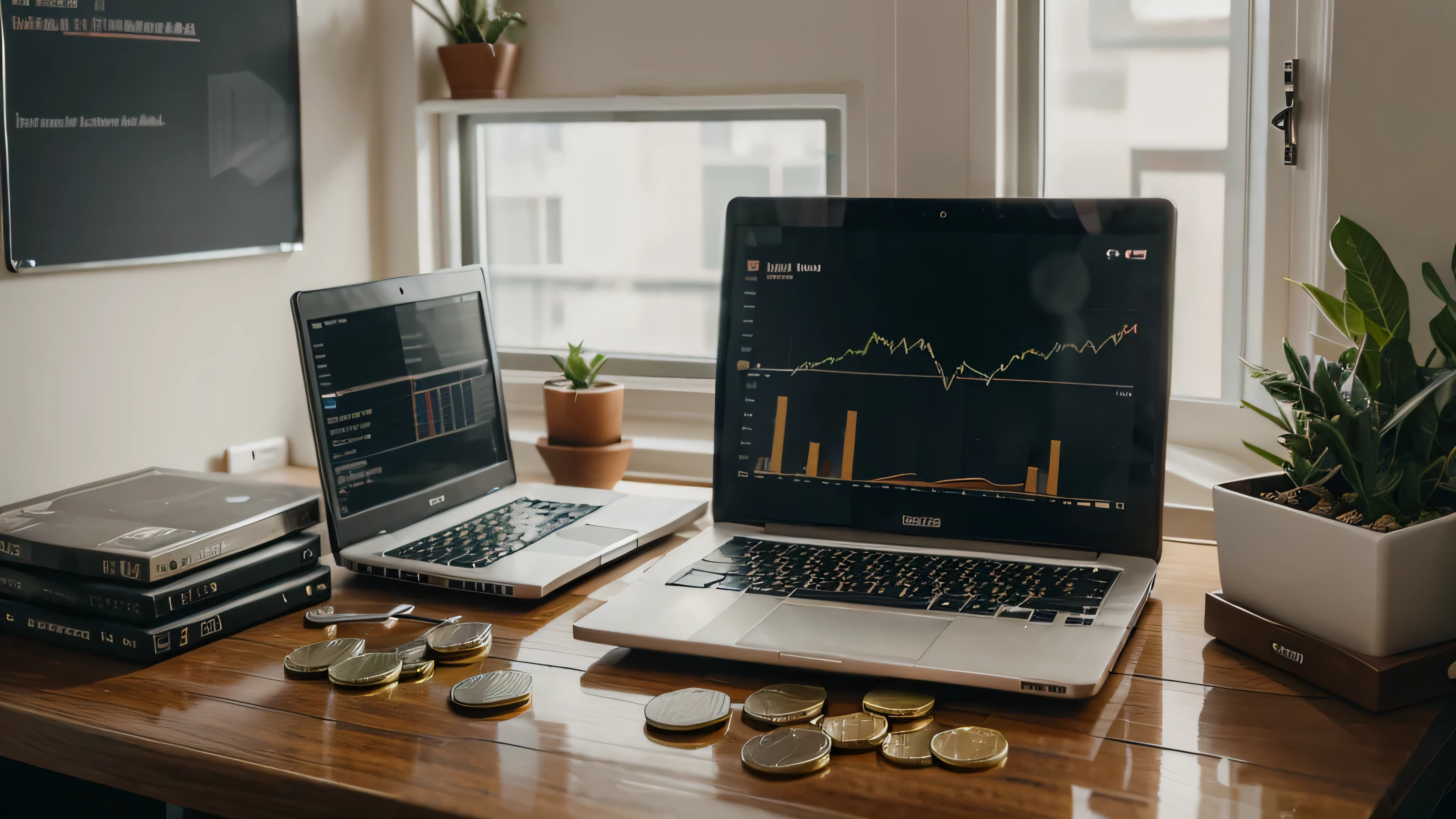 Open laptop displaying financial graphs and stacks of coins scattered around