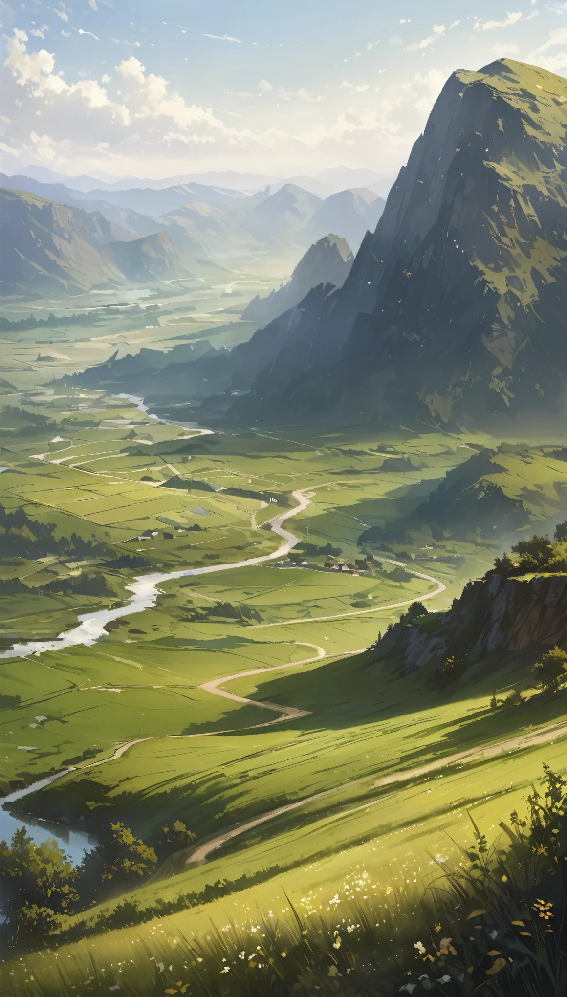 Road to the Sky、A straight road that goes up and down again and again into the sky、Hilly Meadows、(((Landscape painting)))、{{masterpiece、highest quality、(((Realistic、Realistic:1.37)))、8K quality}}、wide々and a sight、refreshing、Windblown grassland、