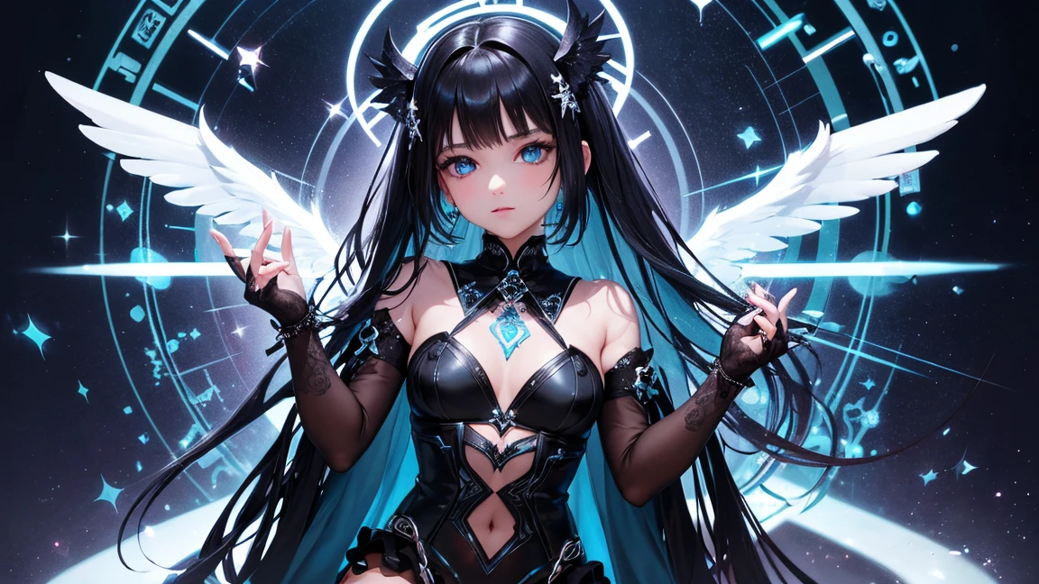 (Top quality), (Super detail), (Hi-res) One cute Tantra dark angel girl, light blue eyes, small nose, white skin, Black wings, black hair, full body Tantra tatto, metallic sexy See-through gothic costume, Magic Circle, psychedelic healing meditation, Fan