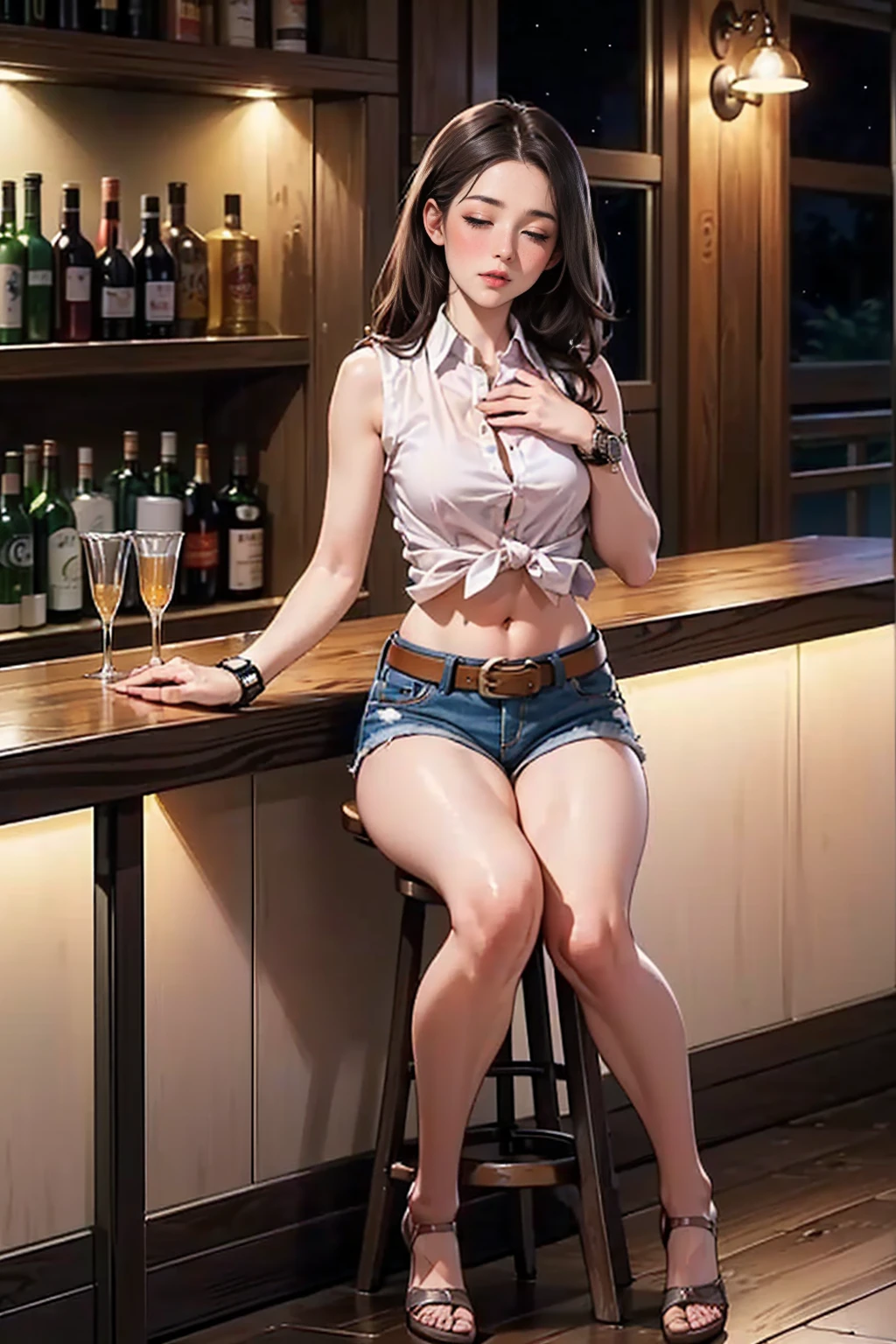 (((Drunk and having the hiccups:1.3))),(((woman1 person))),((((A woman)))),((((Watch on wrist)))),(((Put your right hand on your chest:1.2))),(High resolution, clearly_image) highest quality, woman, masterpiece, Very detailed, Semi-realistic, 23 years old, fair, young, (Skinny body:1.2),((Look down:1.0)),(Narrow waist), (Small breasts),((((Watch on wrist)))),((White sleeveless collared shirt)), ((Exposed arms)),(Short Denim Hot Pants:1.8),(((brown gun belt:1.2))), (((Bar counter at night))),Sitting in a chair, (blush:1.5),(Being drunk:1.9),((Exposing thighs)),((Navel exposed)),((Cowboy Shot)),((Full Body Shot))