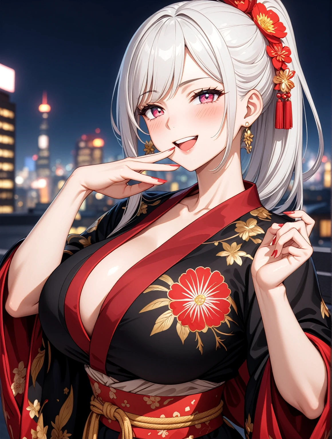 ((one personの女性)), Beautiful Face,Laughing embarrassedly,((Wink:2.0)),Laughing with your mouth open,((Bright red cheeks:1.3)),Glossy pink lips,night,rooftop,firework,((Anime style background)),masterpiece, highest quality, so beautiful, Latest, Complex details, (Pink long nails),(ring),AI-generated, Complex,High resolution, highest quality, super high quality,3D Images、View your viewers、3D Images,one person,Long white hair,High Ponytail,blue eyes,Anime woman posing for a photo, ((Fine grain、Colorful eyes、Shining Eyes:1.1)),(Squint your eyes:1.1),a hyperRealistic , hyperRealistic , Realistic,Anime woman with long and white hair, Smooth anime CG art, A woman in a colorful kimono with gold embroidery, (Black kimono),Red floral pattern,Long flower hair ornament,Big earrings,Mature Body,(Big Breasts:1.1),Tall,Big Ass,Fine details,Narrow waist,(Face close-up:1.4),(Cover your mouth with your hand)