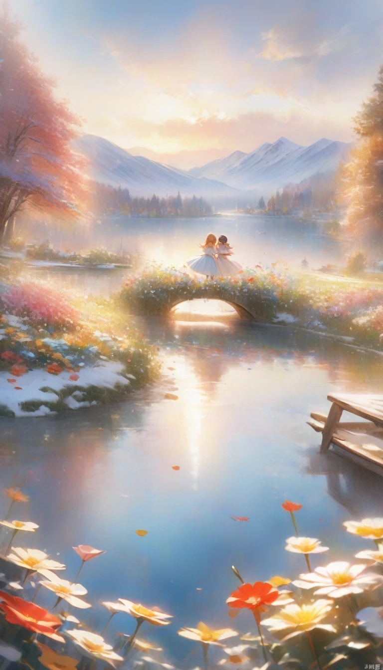 highest quality、masterpiece、Beautiful garden, realism, lake, (Snow Mountain), Flowers,romantic,winter、
