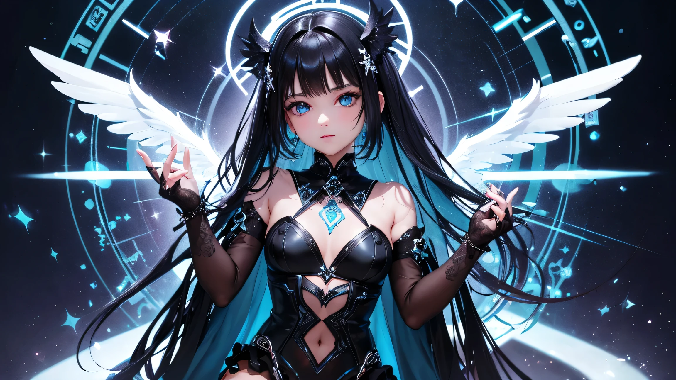 (Top quality), (Super detail), (Hi-res) One cute Tantra dark angel girl, light blue eyes, small nose, white skin, Black wings, black hair, full body Tantra tatto, metallic sexy See-through gothic costume, Magic Circle, psychedelic healing meditation, Fan