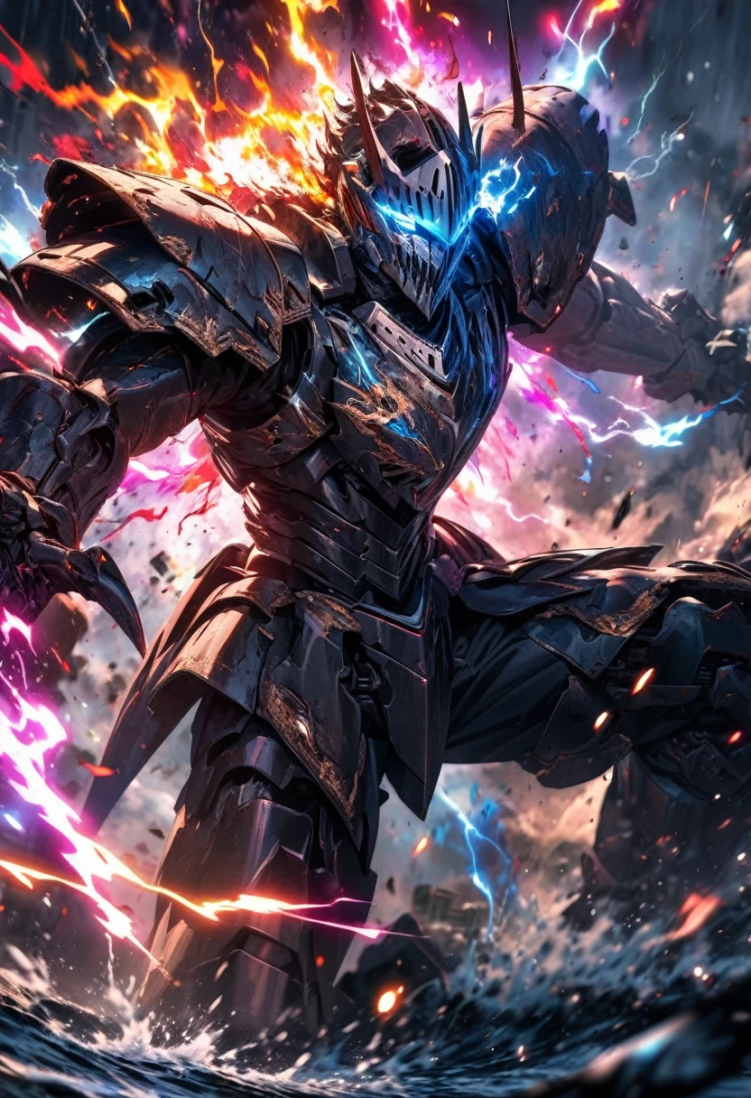 absurdres, highres, ultra detailed, HDR, masterpiece, extremely detailed face and eyes, horror Mecha armor knight, Epic horror Mecha mask,,colorful Black hair , , solo, ,man, handsome, , , Epic fight scene, colorful flames splashing effect,colorful lightning effect,glowing glitters