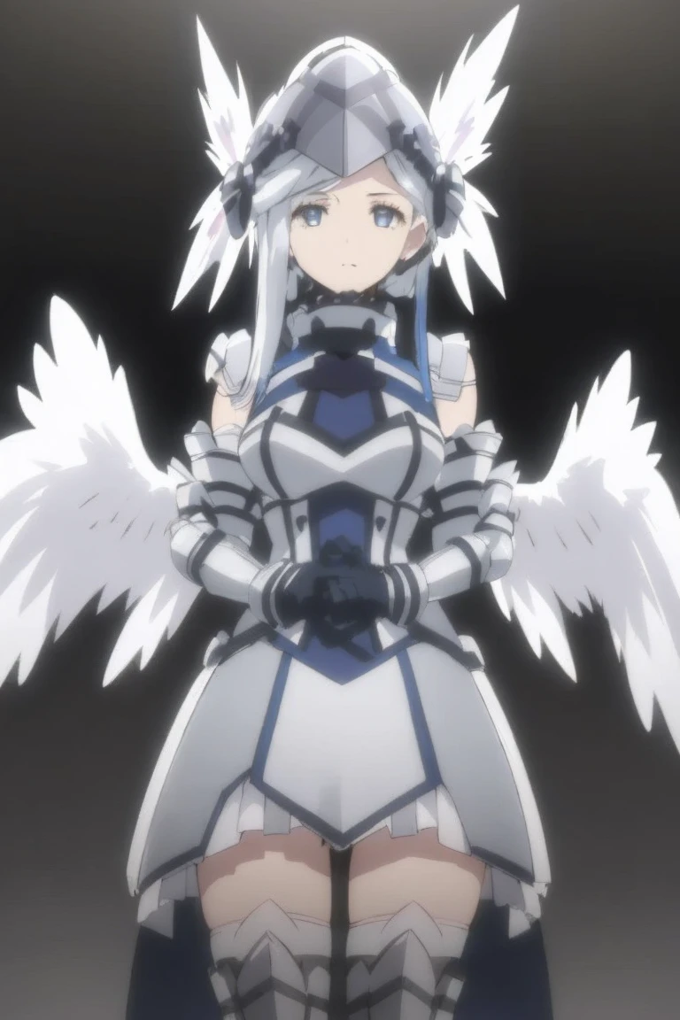 (((Best quality))), ((Ultra-detailed)), ((illustration)), ((Disheveled hair)), ((frilld)), (1 girl),(Solo),,valkyrie armor, banner, blue eyes, clothing, female, gauntlets, gloves, grey hair, headwear, helmet,long hair, silver hair , thighhighs, warrior, white hair , winged helmet,