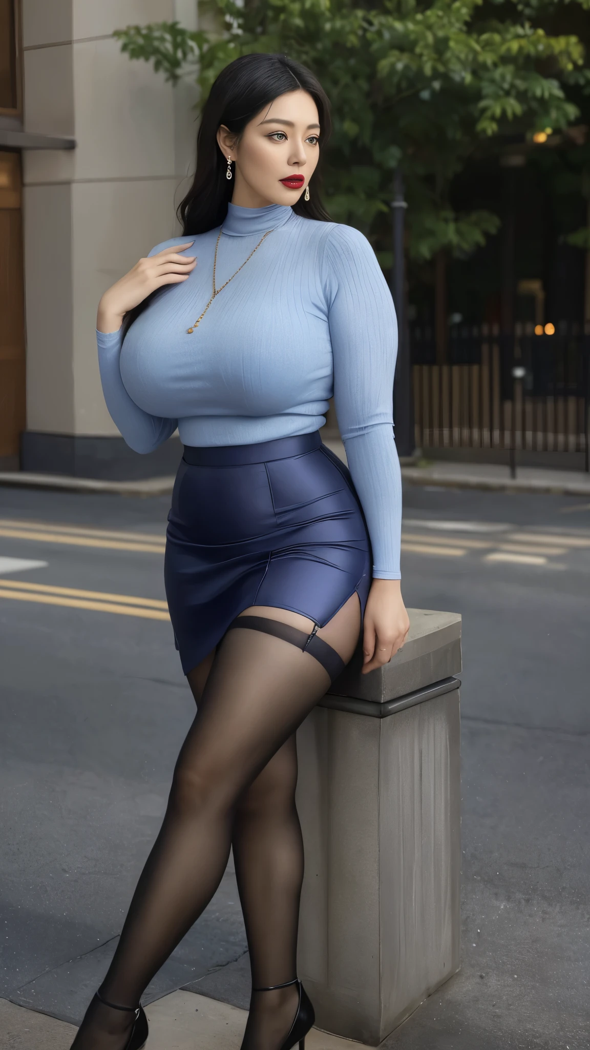 outdoor，Blue-purple clothes (No cleavage),thigh, cosmetic, (lipstick: 1.1), (Eyeliner: 1.2), mascara, Eyeshadow,Outdoor sports, earrings, necklace, Black tights, Wrinkles at the corners of the eyes, Oral wrinkles,High Neck Knit Bodycon Skirt，full-body shot，An Asian Japanese woman，65 years old，big eyes，elegant temperament elegant temperament，(masterpiece:1.2, best quality), actual, (The real situation,45 years old， Intricate details, Depth of Field，High neck clothes), careful, The content is very detailed, This is a perfect face, Perfect body, Large Model, Mature woman, High，Black silk garter belt，8K,best quality, masterpiece, Ultra-high resolution,(lifelike:1.4), original photo, Stay focused, detailed, Dramatic, Exquisite beautiful woman, (tall and straight:1.1),(Fat goddess desetallic high collar dress,High collar fitted skirt),half butterfly earrings, double ring necklace, (:1.05), (65 years old, : 1.4),Long curly hair, Dynamic angle, (red lips)Beautiful graphics, Black reflective leather pants and fishnet stockings，High heel