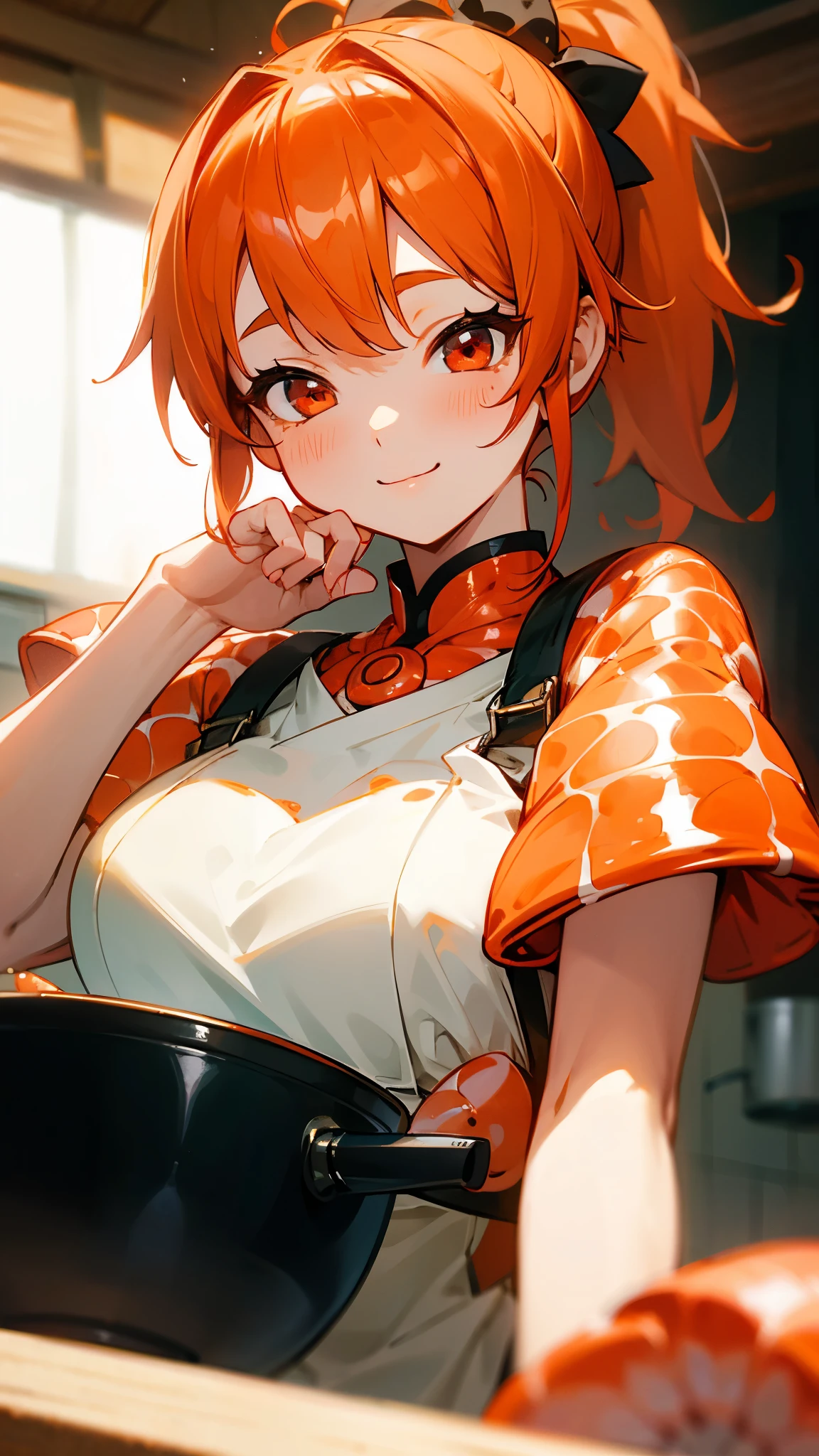 1 girl、8k、Sharp focus、(Bokeh) (highest quality) (Detailed skin:1.3) (Intricate details) (anime)、Cute shrimp woman cooking delicious food in the kitchen、Orange Hair、ponytail、Beautiful red eyes、smile、fun、Upper body close-up