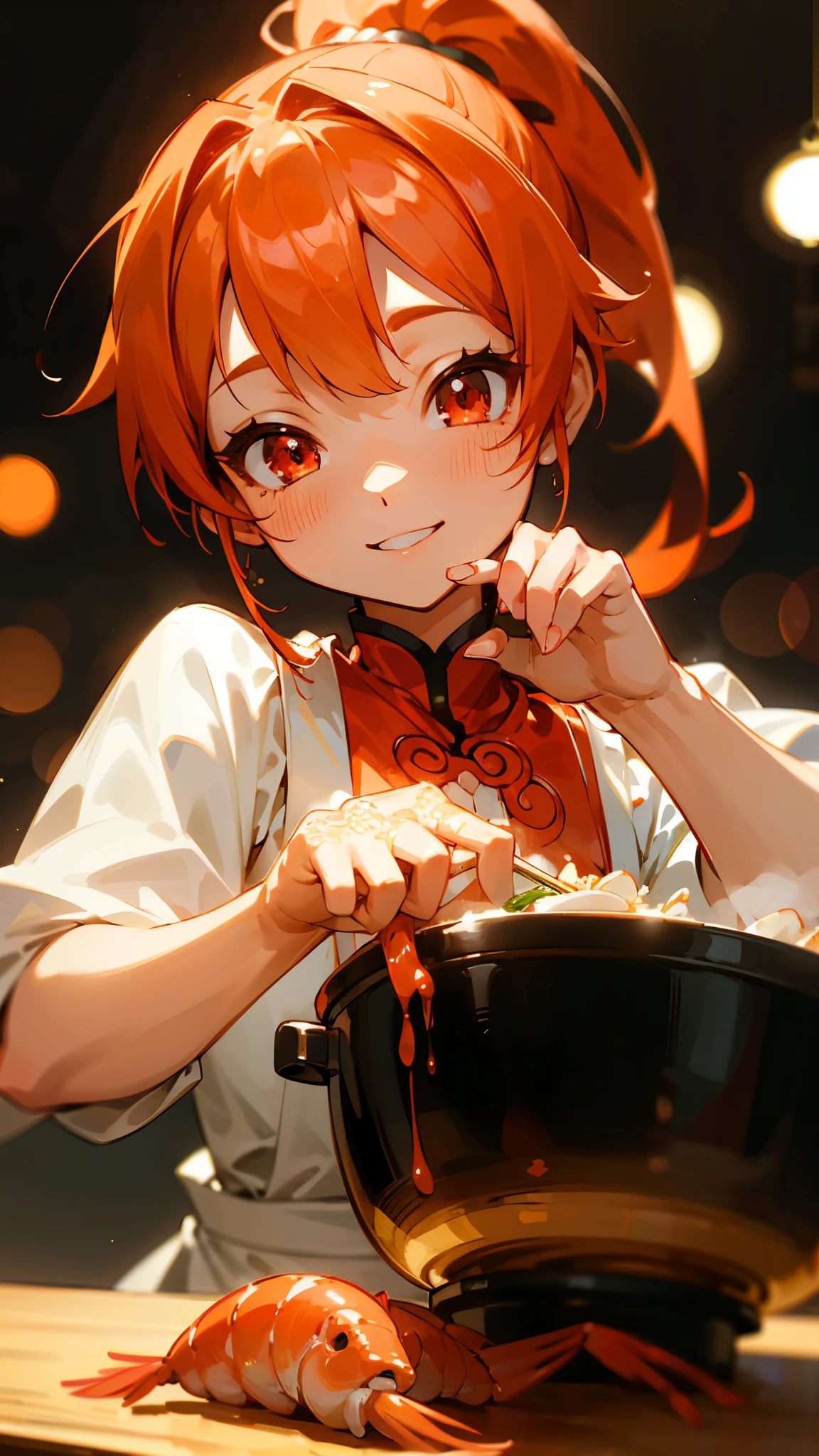 1 girl、8k、Sharp focus、(Bokeh) (highest quality) (Detailed skin:1.3) (Intricate details) (anime)、Cute shrimp woman cooking delicious food in the kitchen、Orange Hair、ponytail、Beautiful red eyes、smile、fun、Upper body close-up