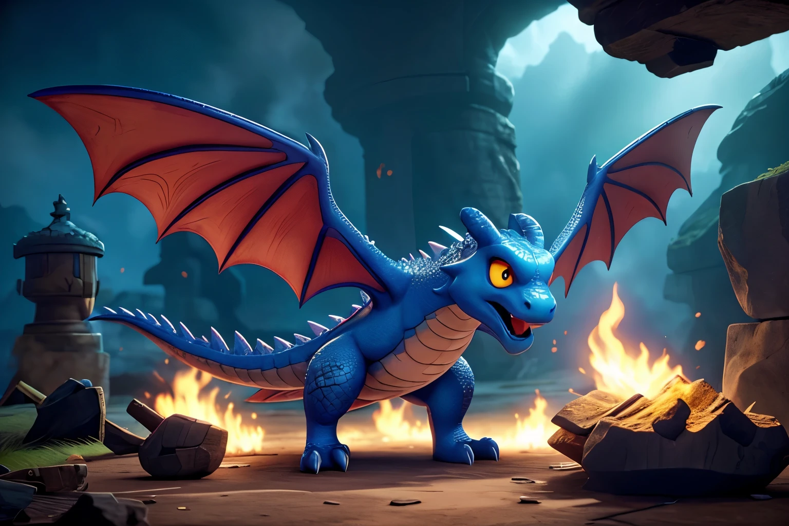 evil and big flying dragon, der Feuer spuckt, es kommt feuer aus seinem mund, der Drache befindet sich in der Luft, Feuer,