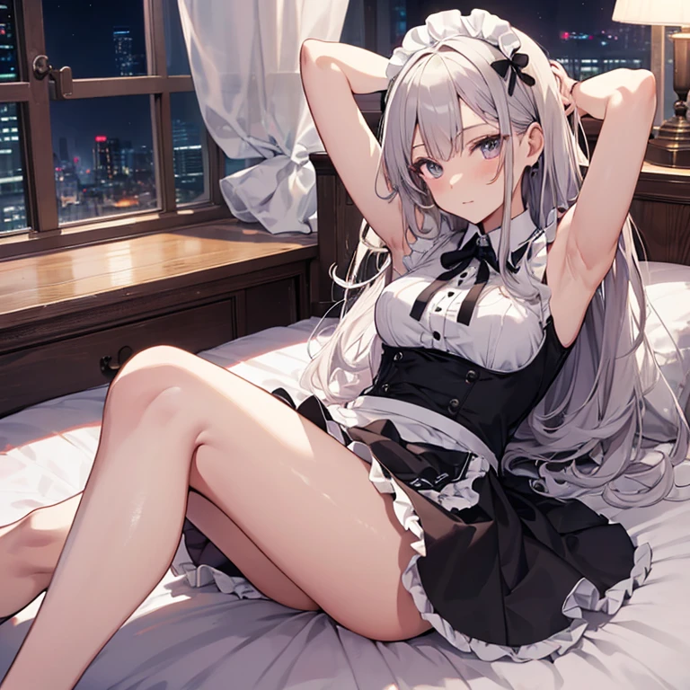 A maids, (in bedroom), various hair styles, night, details face, short skirt, seducing, sleeveless, maid uniform, armpits, , on bed