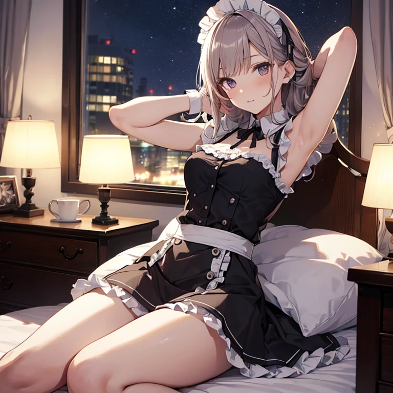 A maids, (in bedroom), various hair styles, night, details face, short skirt, seducing, sleeveless, maid uniform, armpits, , on bed