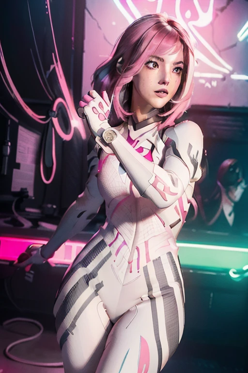 Arknights girl (masterpiece), best quality, expressive eyes, (((in hyper realistic and detailed neon-lit sci-fi plugsuit pink & white armor, aethereal aesthetic style))) beauty korean idoll, intricate perfect beauty cute face, detailed sharp eyes, hyper realistic and detailed hair, (((from face to the waist))), (((beauty slim shape))), 4k, UHD
