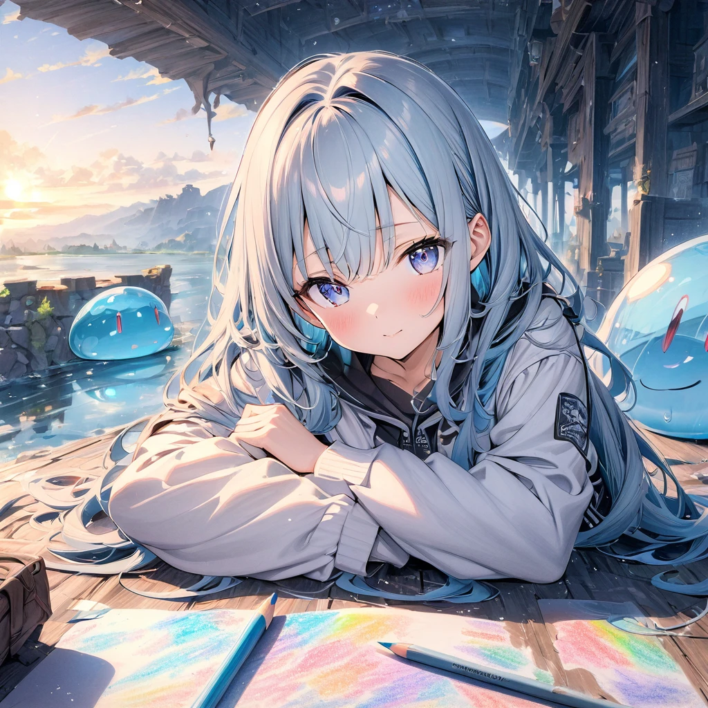 ((style:Colored pencil,pale colour))、(anime)、(masterpiece:1.2),atmospheric perspective,lens flare、Slime and Girl、Fantasy World、cute、Traveling Girl、Girl leaning on slime