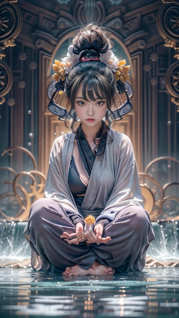 (RAW shooting, 32k:1.5, highest quality, masterpiece, Ultra-high resolution), (Night outdoors, Dramatic moonlight:0.9, Mysterious World:1.2, Expressions of sadness:1.0), Side Shot, Fractal Art:1.3, Perfect dynamic composition:1.3, Very detailedな肌と顔の質感:1.3, Dynamic flow of water waves:1.3, Dynamic air flow:1.3, The subject is observed from a distance, elegant and sophisticated:0.5, Fair skin, Incredibly slim body:0.9, Very beautiful face, Water droplets on the skin, (Yoga Wear:1.3, Zazen pose 1.3, Meditation pose:1.3), Very accurate, Very detailed, Big eyes that exude beauty, Beautiful lips, Unreal atmosphere, Earrings, bracelet