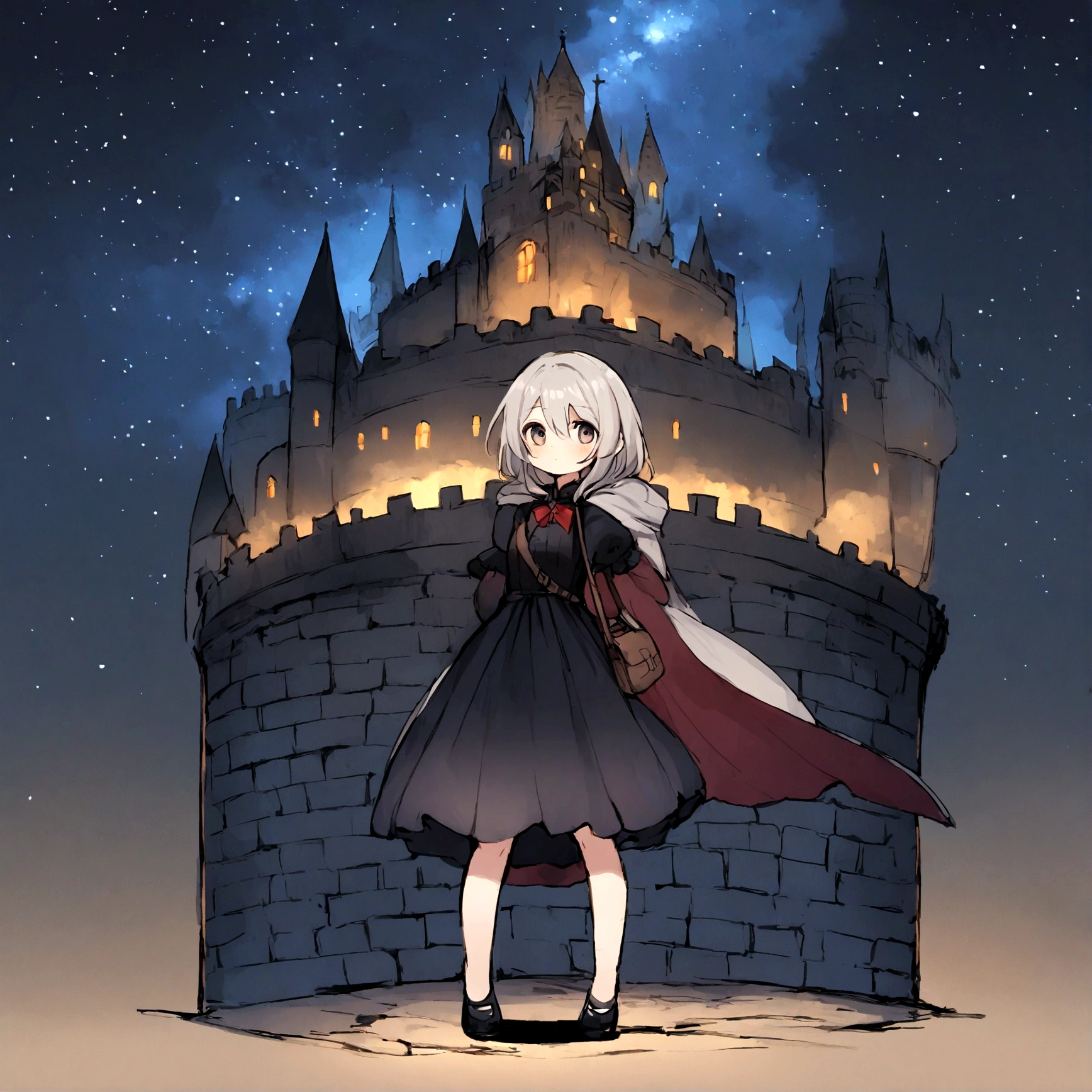 night sky, castle, 1girl, standing, solo, full body, , maribe, puffy short sleeves, cape, bag