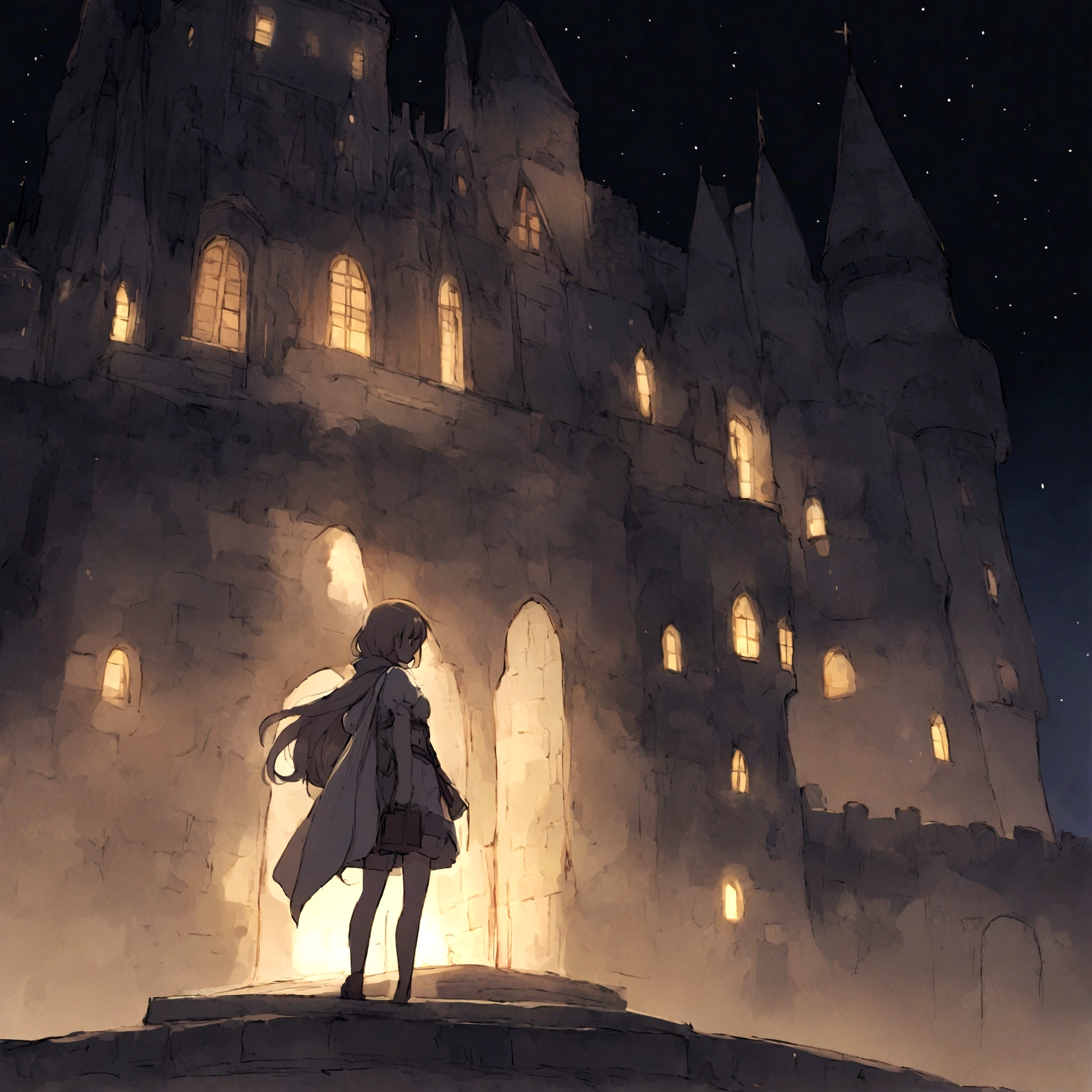 night sky, castle, 1girl, standing, solo, full body, , maribe, puffy short sleeves, cape, bag