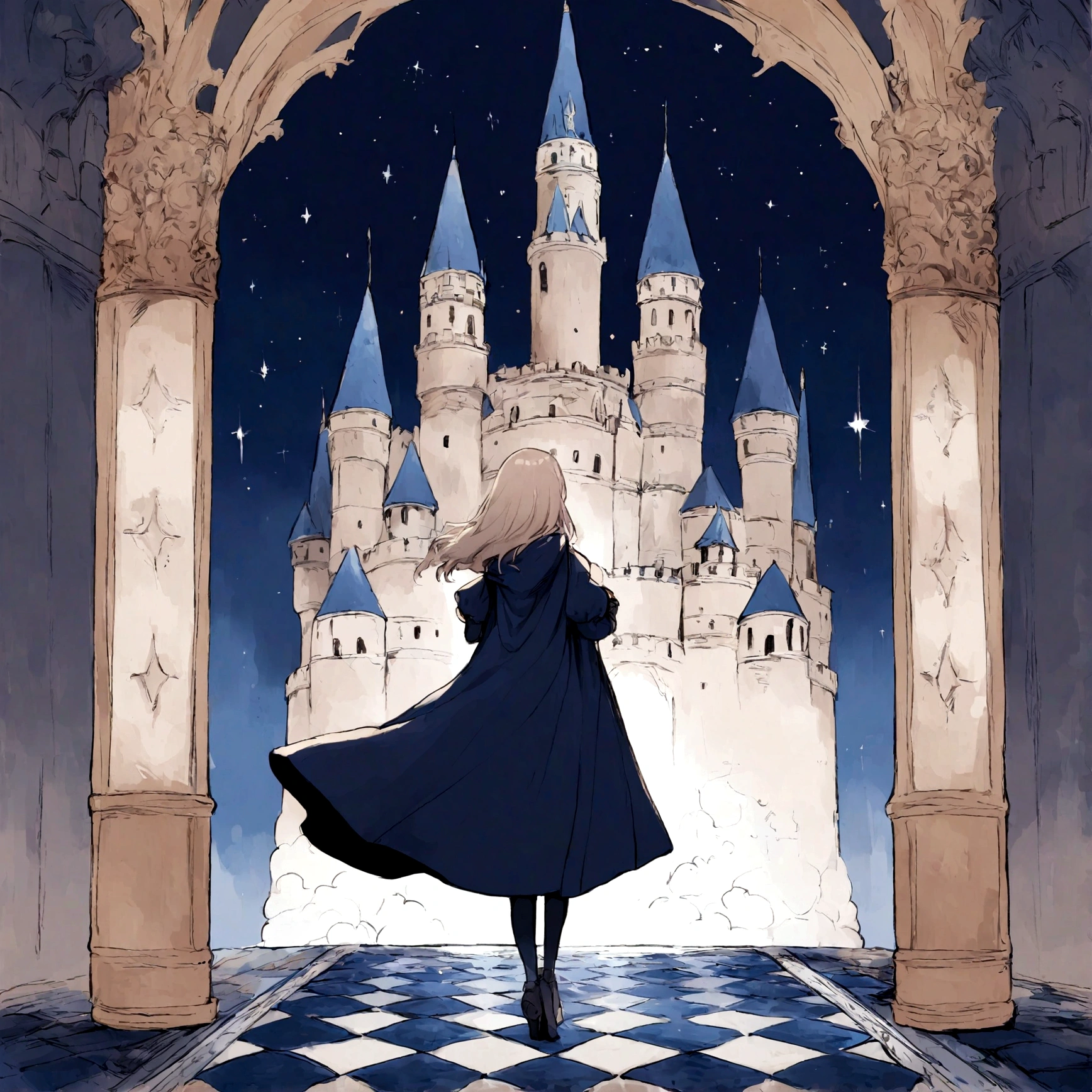night sky, castle, 1girl, standing, solo, full body, , maribe, puffy short sleeves, cape, bag