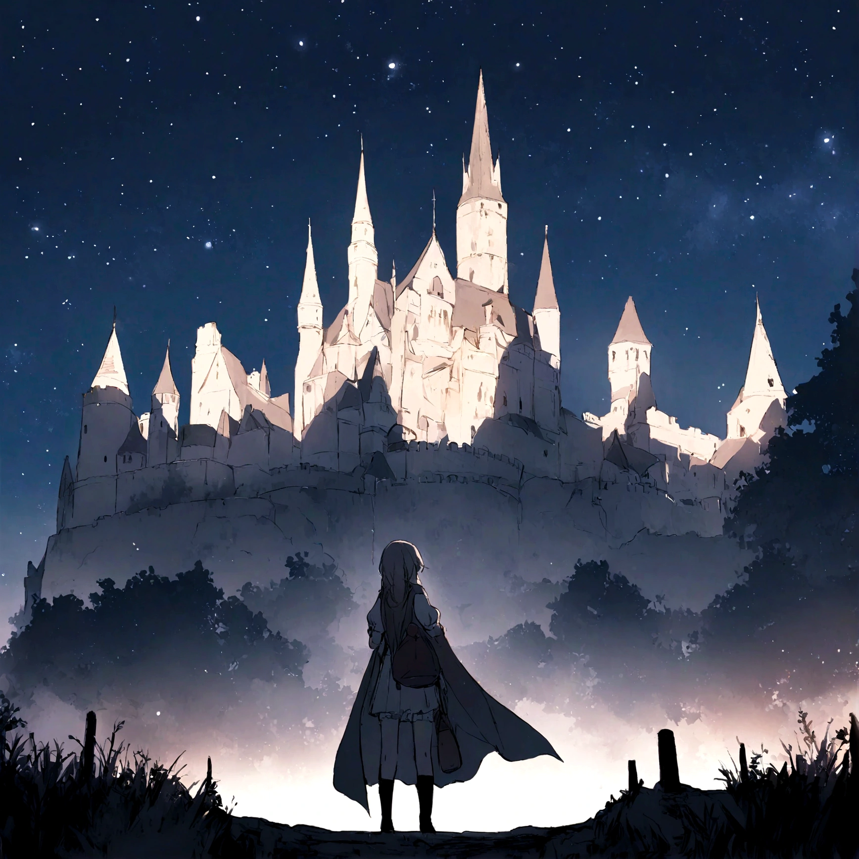 night sky, castle, 1girl, standing, solo, full body, , maribe, puffy short sleeves, cape, bag