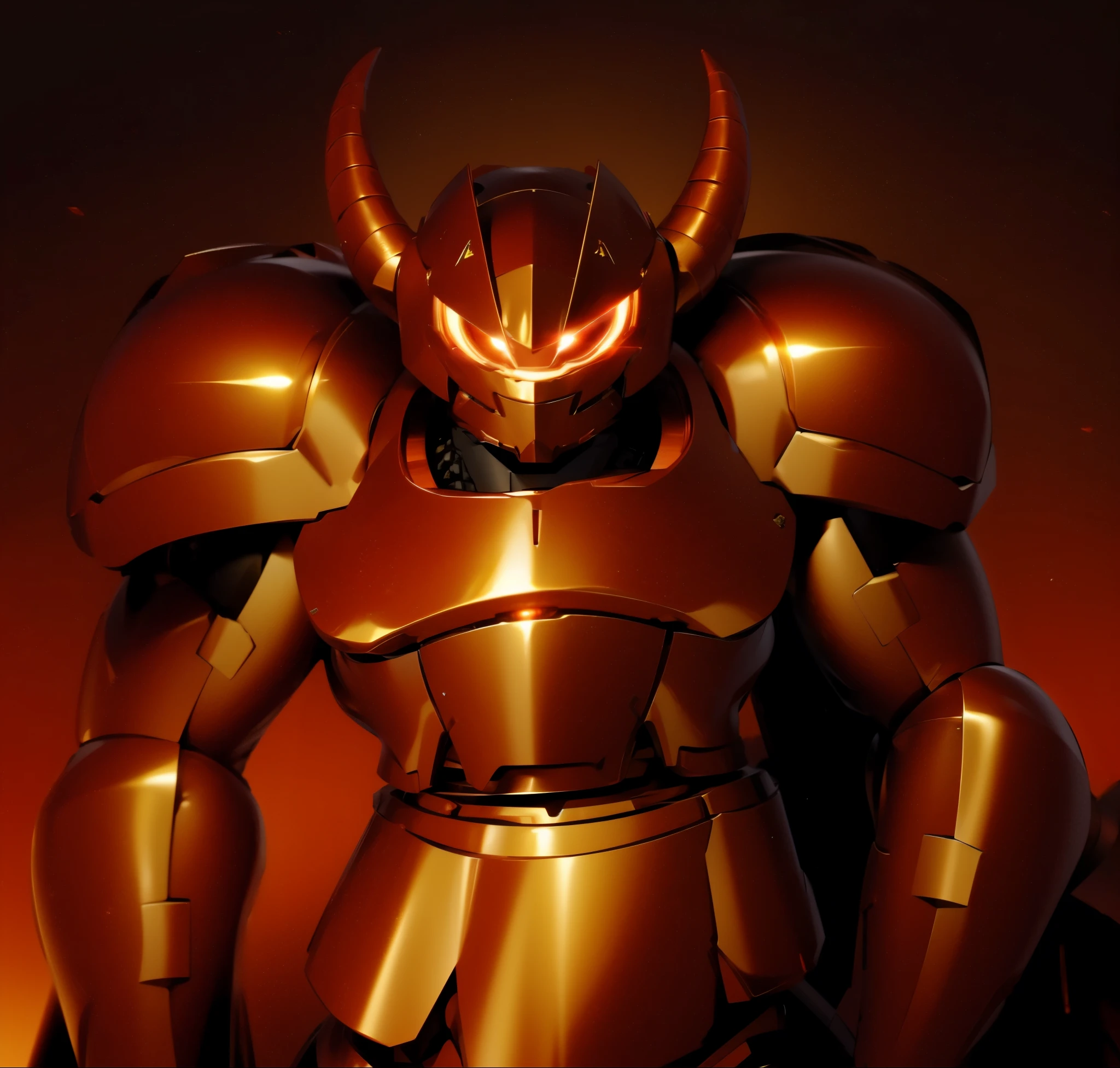 Robot, red mono eye, red body, high quality, golden horns on head, heavily armored,Robot, red mono eye, red body, high quality, golden horns on head, heavily armored, reddish-black shoulders, arm armor is an austere shade, sunset background,