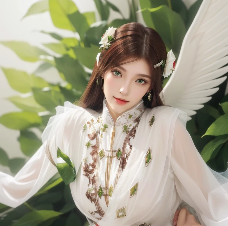 Reddish brown hair、Straight Hair、Half Caucasian and half Oriental、The eyes are large、White clothes、White rose hair ornament、Green Earrings、One-Winged Angel