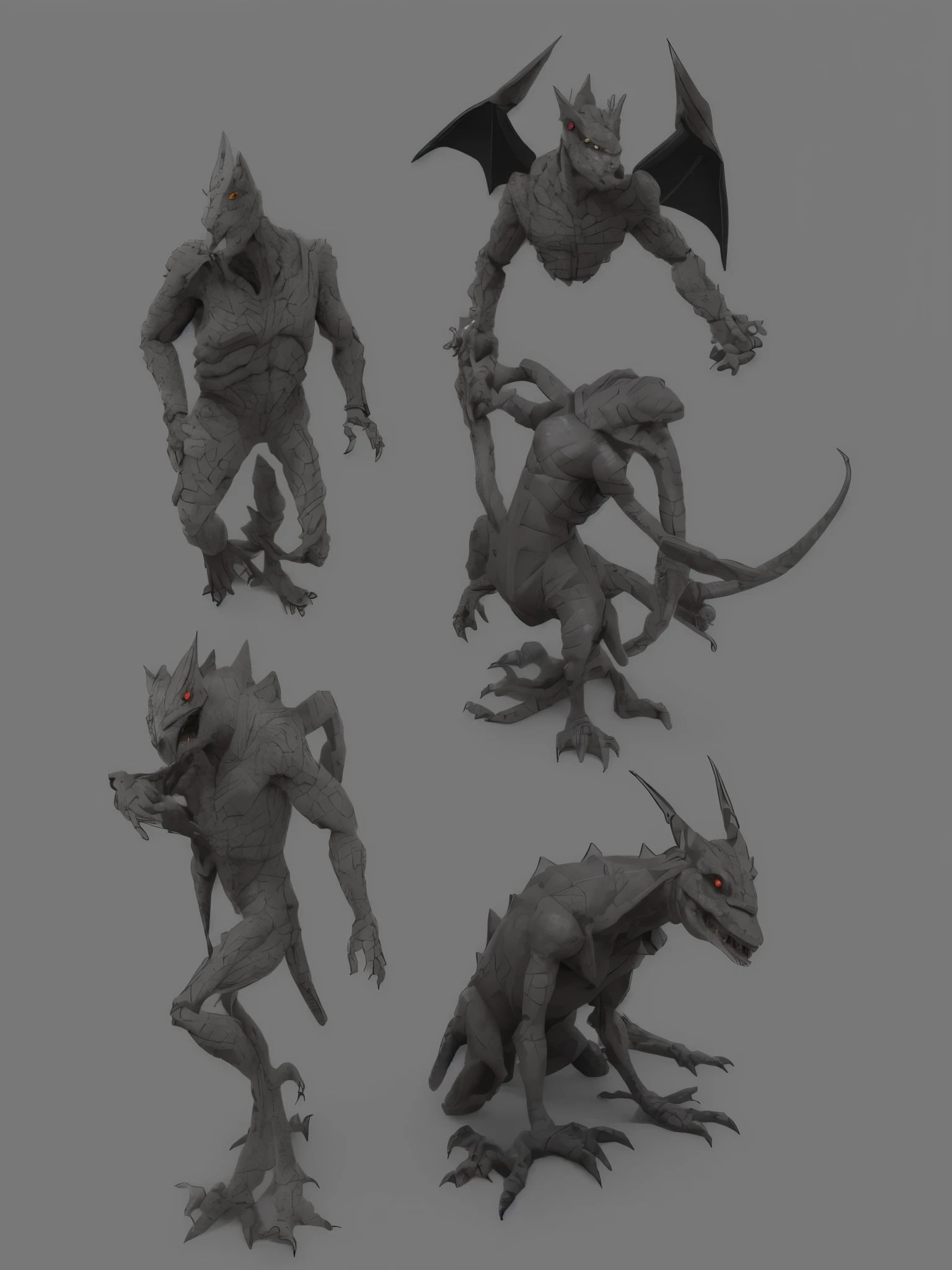 3d Creature mix of demon and humanoid lizard, very low poly model, simple geometry, on two feet and open arms, few details