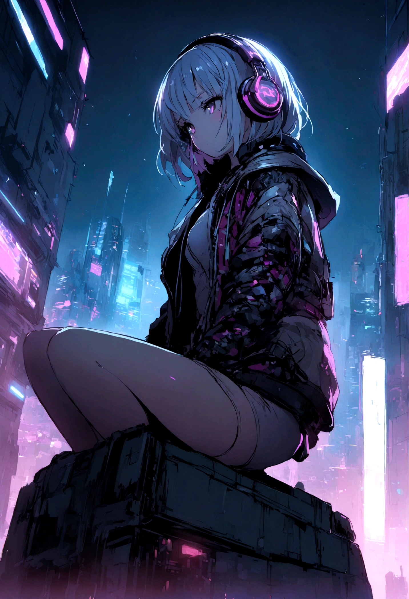 highest quality、masterpiece、night、Headphones、cyber punk、Cyber City、One Girl、Sitting on high ground、Mid Shot、High Position