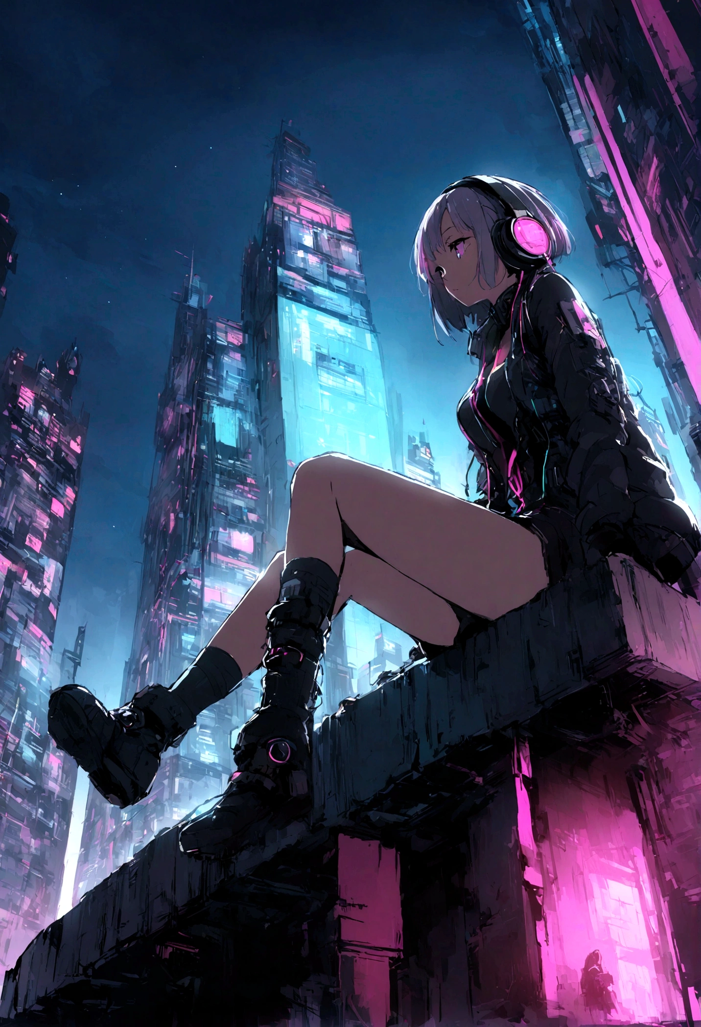 highest quality、masterpiece、night、Headphones、cyber punk、Cyber City、One Girl、Sitting on high ground、Mid Shot、High Position