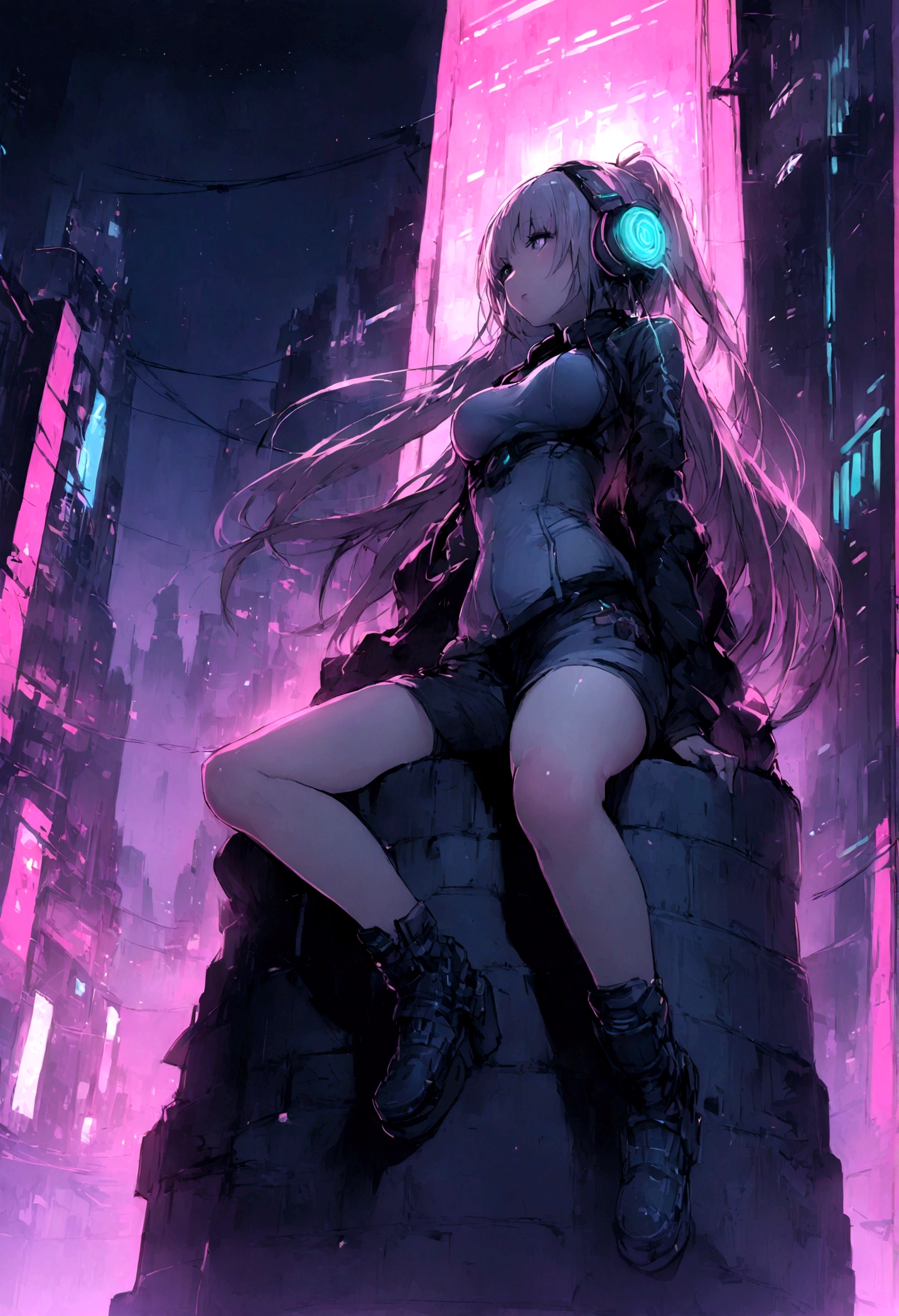 highest quality、masterpiece、night、Headphones、cyber punk、Cyber City、One Girl、Sitting on high ground、Mid Shot、High Position