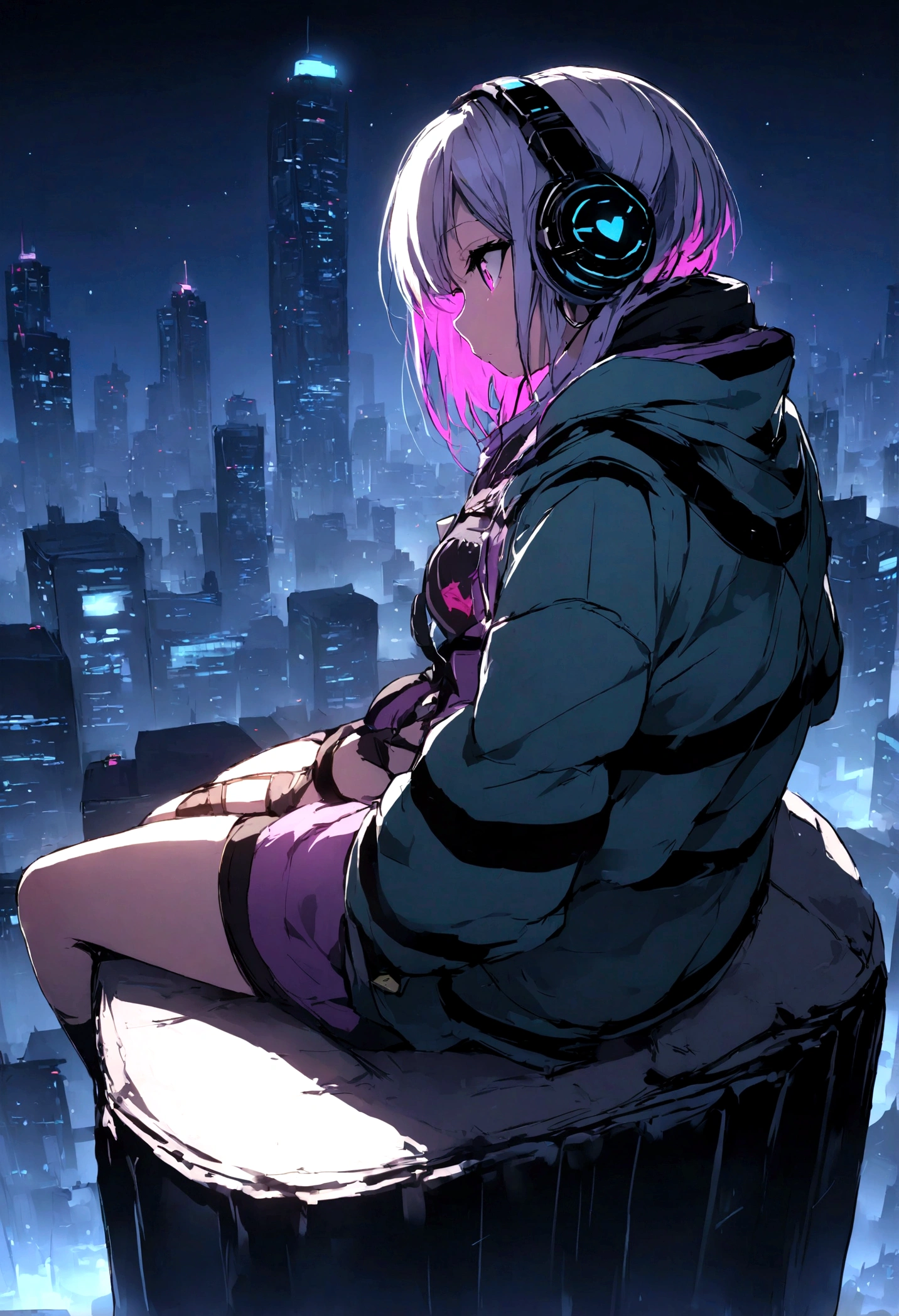 highest quality、masterpiece、night、Headphones、cyber punk、Cyber City、One Girl、Sitting on high ground、Mid Shot、High Position