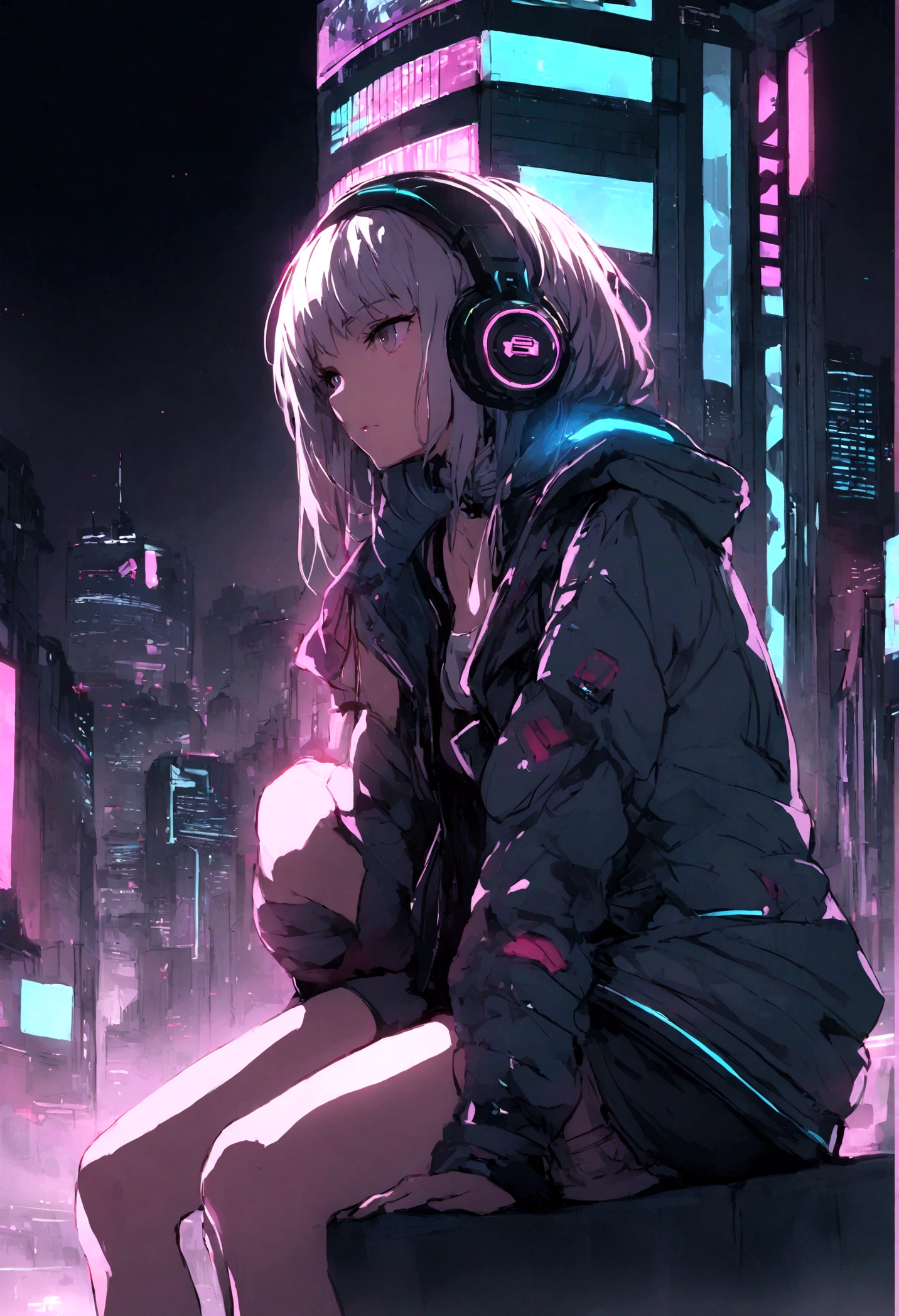 highest quality、masterpiece、night、Headphones、cyber punk、Cyber City、One Girl、Sitting on high ground、Mid Shot、High Position