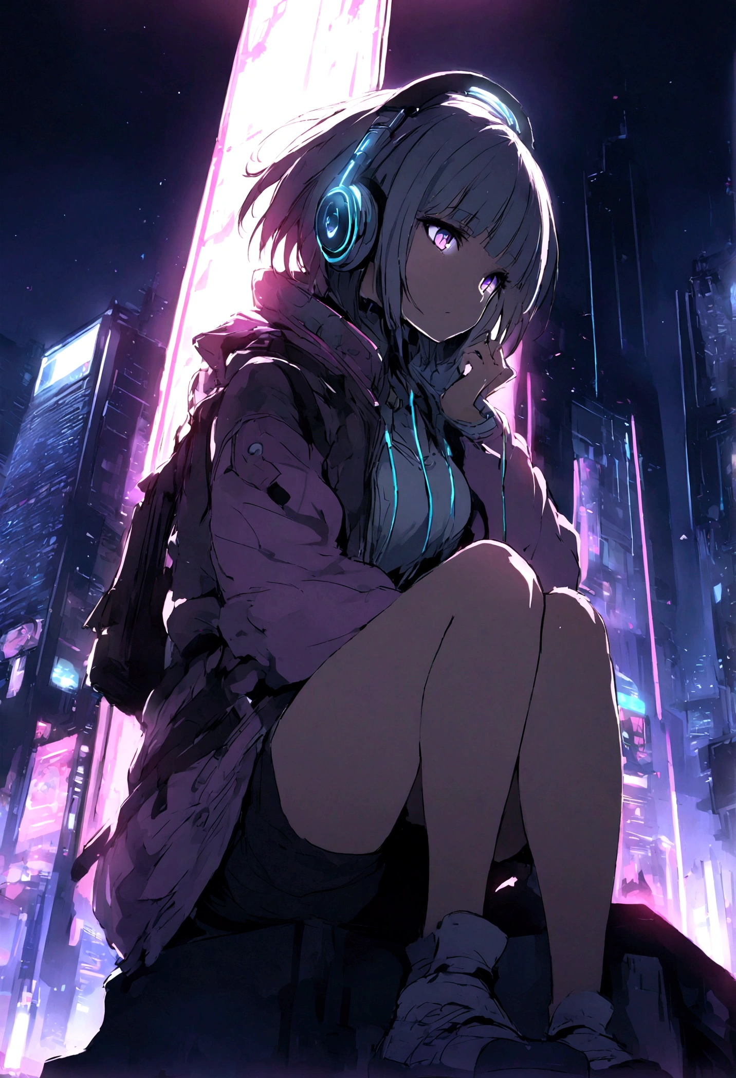 highest quality、masterpiece、night、Headphones、cyber punk、Cyber City、One Girl、Sitting on high ground、Mid Shot、High Position
