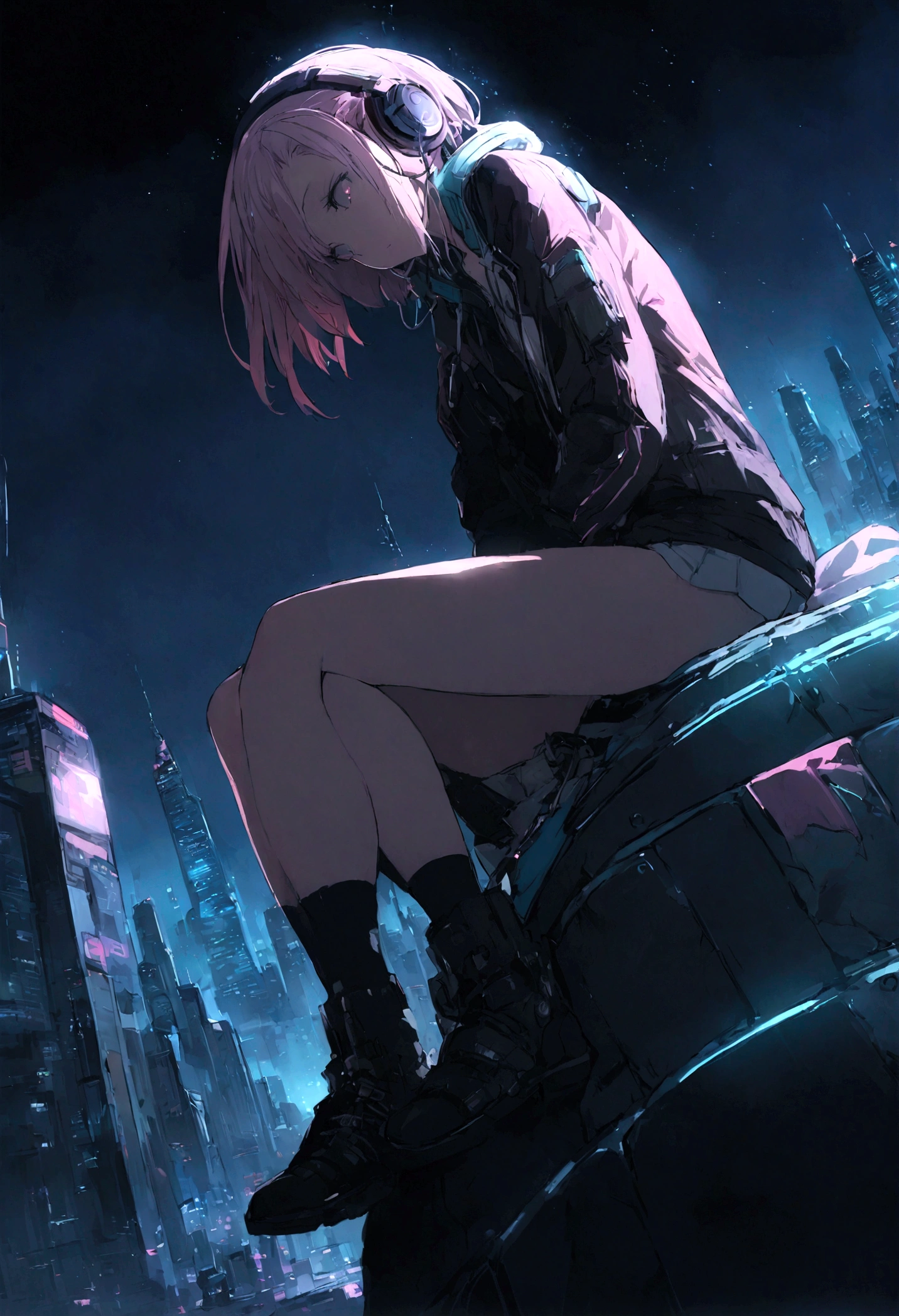 highest quality、masterpiece、night、Headphones、cyber punk、Cyber City、One Girl、Sitting on high ground、Mid Shot、High Position