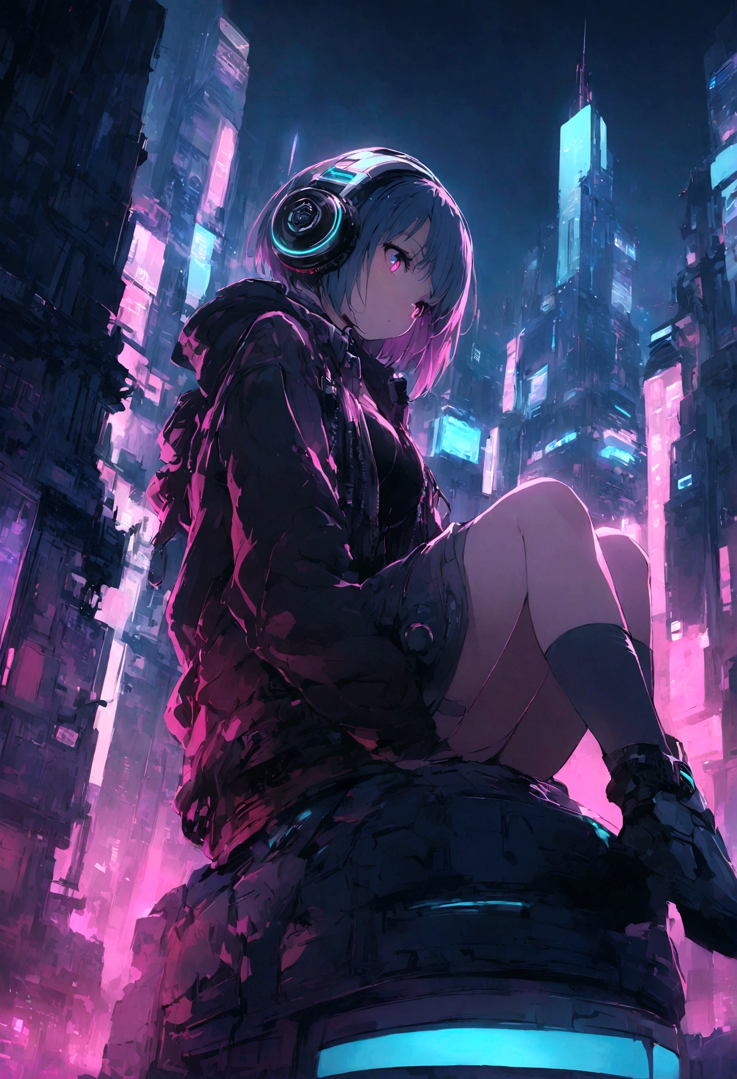 highest quality、masterpiece、night、Headphones、cyber punk、Cyber City、One Girl、Sitting on high ground、Mid Shot、High Position
