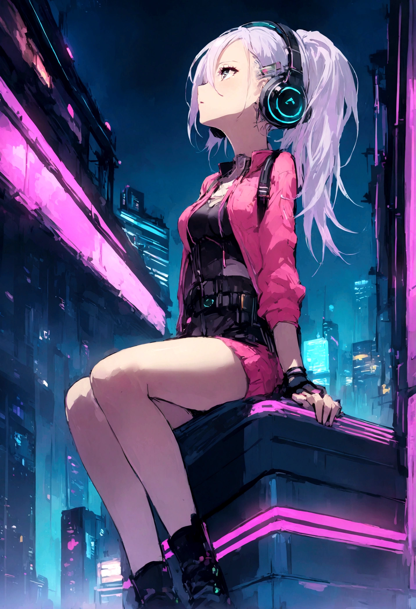 highest quality、masterpiece、night、Headphones、cyber punk、Cyber City、One Girl、Sitting on high ground、Mid Shot、High Position