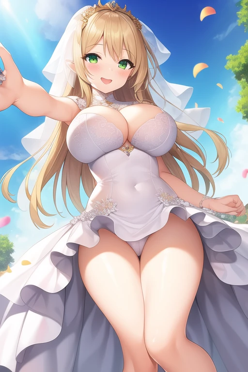 One girl,(Reaching out),(From below),(Front Face),(Fairy),(Long dark blonde), (Green Eyes),(blush:1.1),(smile),(Open your mouth),(thigh),(Huge breasts),(Wedding dress)