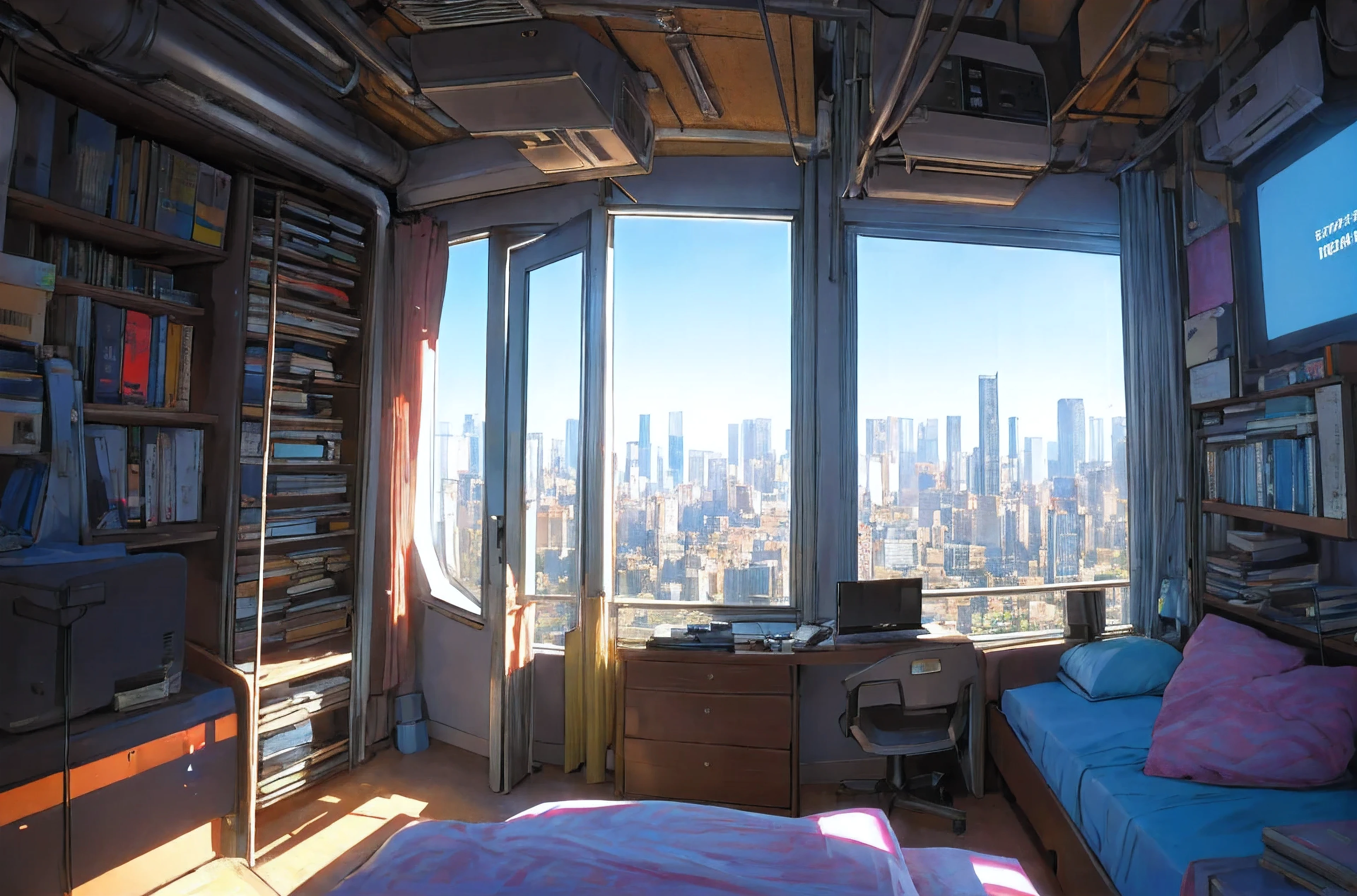 80s atmosphere, Big city view from the bedroom window, cyber punk, praise, A room with books and a tidy bed, Lots of details, 8k, Detailed Images, highest quality
