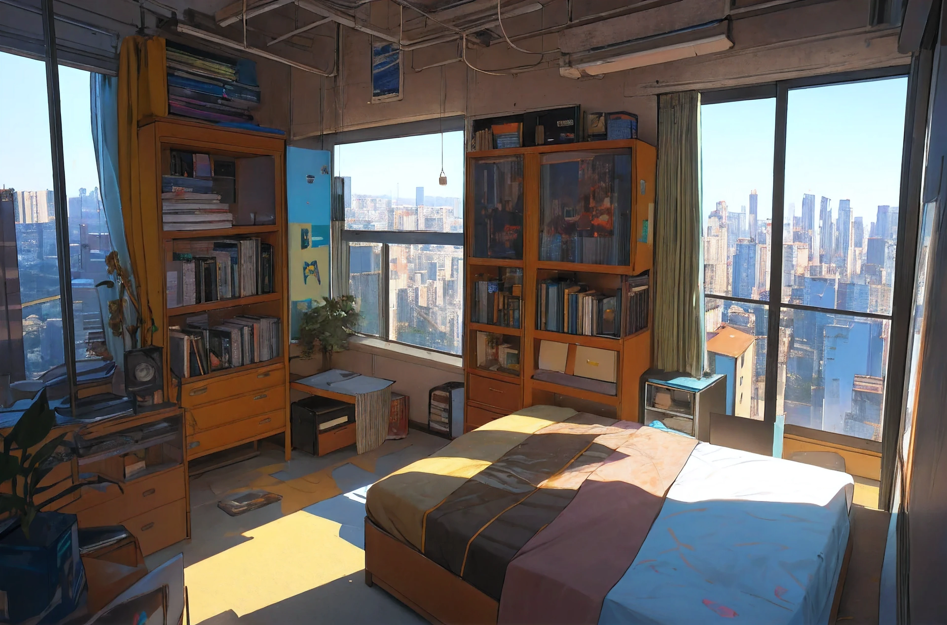 80s atmosphere, Big city view from the bedroom window, cyber punk, praise, A room with books and a tidy bed, Lots of details, 8k, Detailed Images, highest quality
