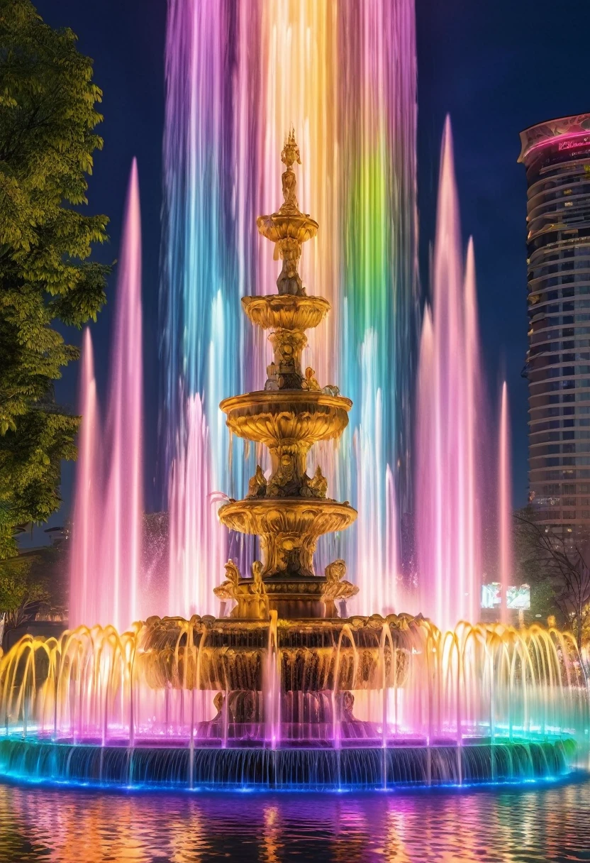 Dancing water columns of a musical fountain、Create various patterns with the combination of light and water column,Create a colorful scene,Detailed fantasy digital art,Highly detailed digital art in 4K,fantasy art action,nice、Money、High-quality images
