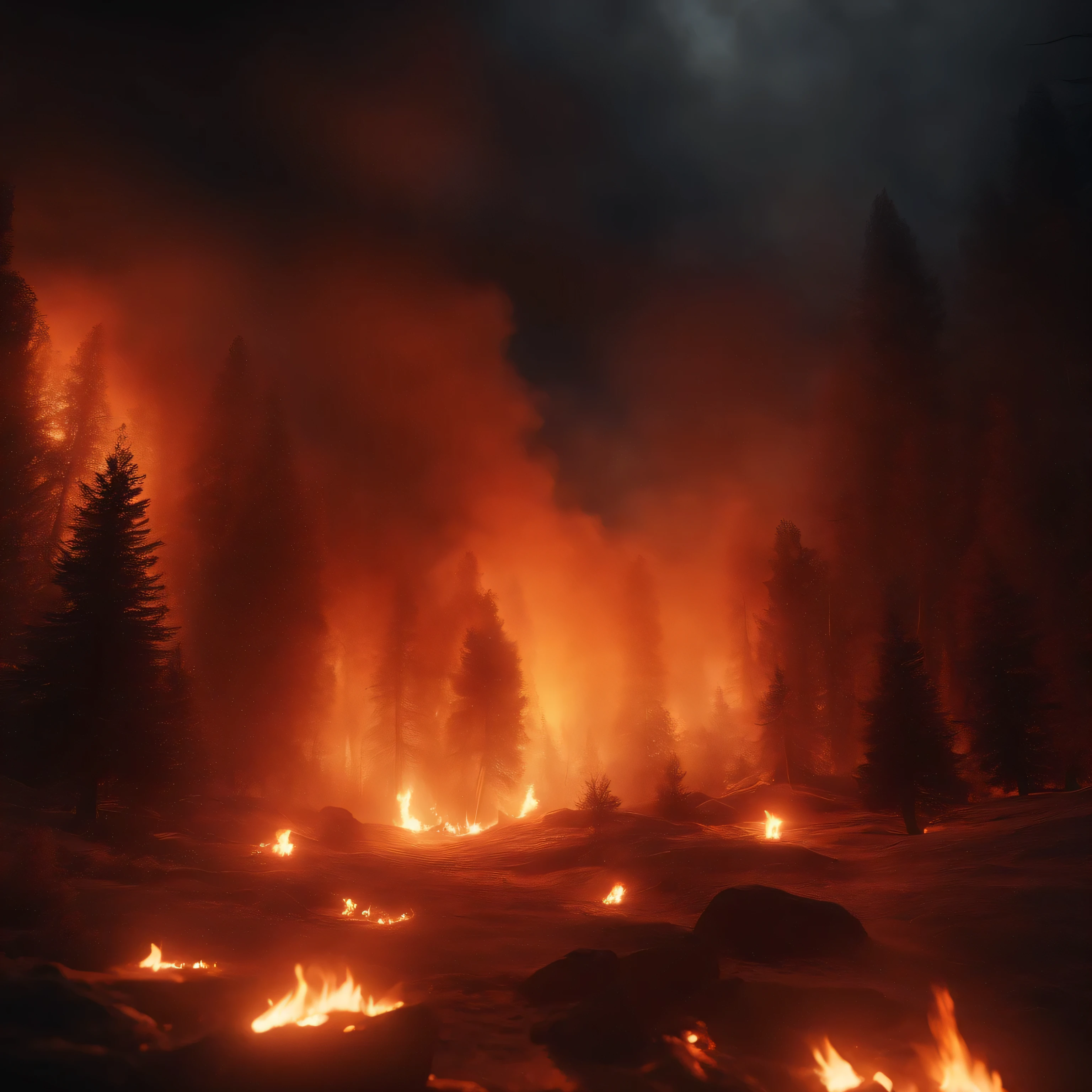 a dramatic scene of a burning forest, detailed realistic 3D rendering, intricate details of flames and smoke, warm lighting, vivid colors, a fiery orange and red glow, a sense of danger and intensity, a mysterious dark silhouette in the foreground, highly detailed textures, volumetric lighting, photorealistic, cinematic composition, masterpiece