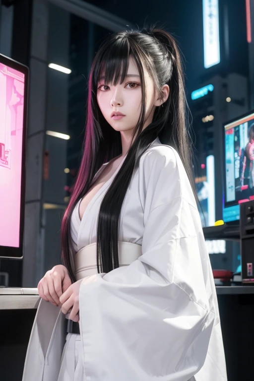 Digital Cyberpunk Art 32k,Complex,Very detailed,Long black hair、Wearing white short hakama armor、Japanese women、Medium chest、In front of countless monitors