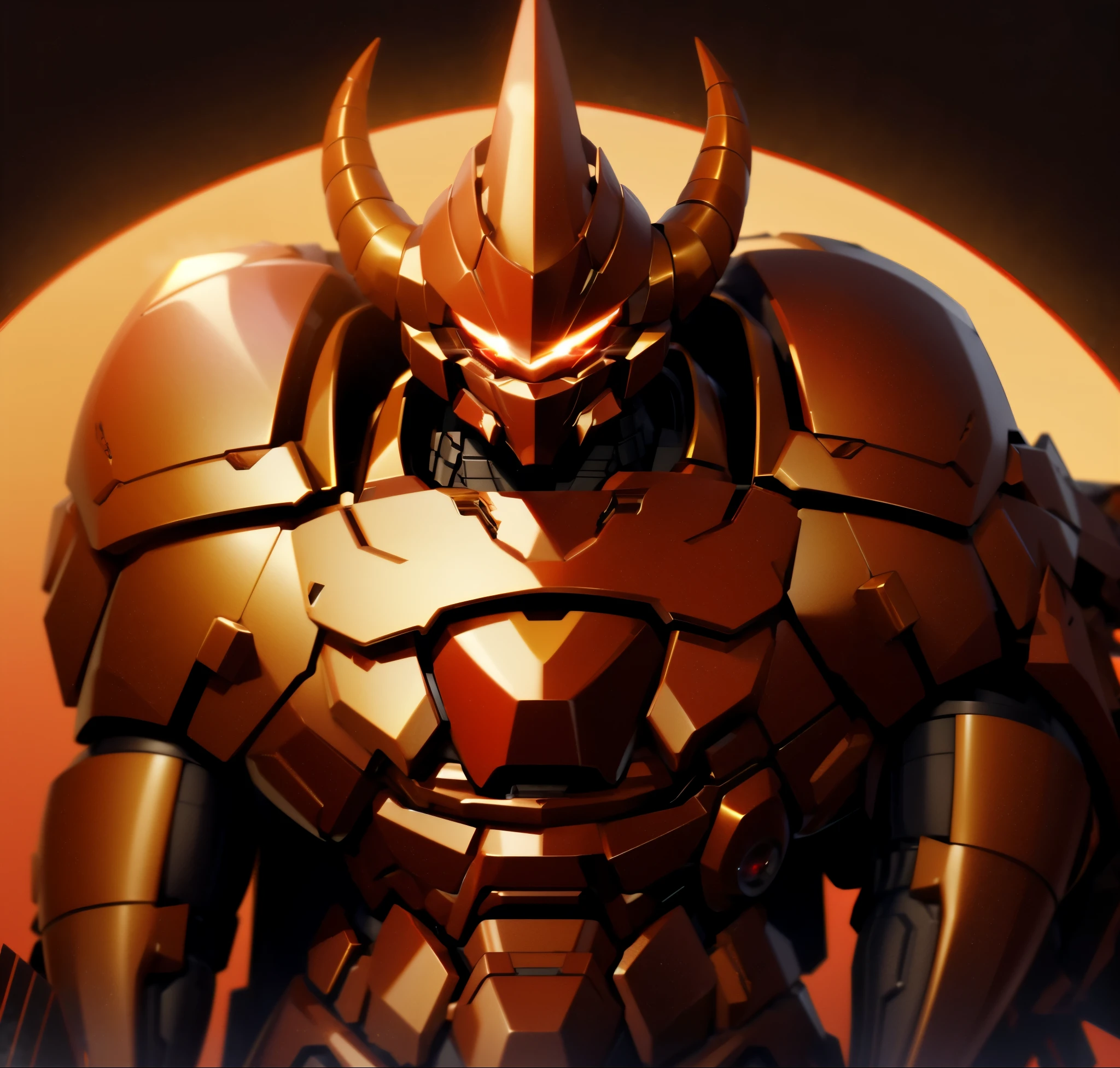 Robot, red mono eye, red body, high quality, golden horns on head, heavily armored,Robot, red mono eye, red body, high quality, golden horns on head, heavily armored, reddish-black shoulders, arm armor is an austere shade, sunset background,