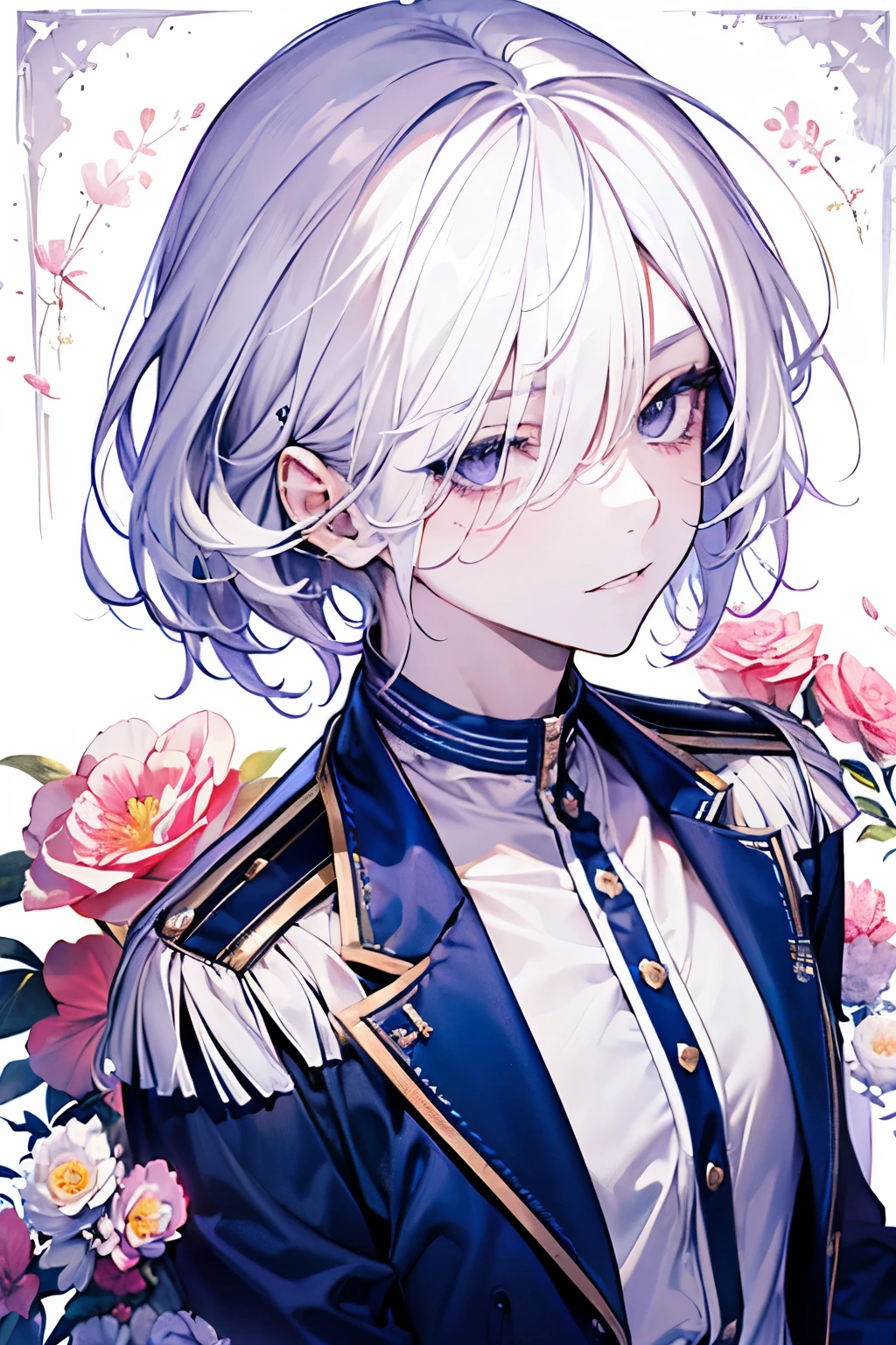 ((17years old man:1.2)),((male:1.5)),masterpiece, best quality,(milky White hair:1.45), (portrait),(shiny NAVY eyes:1.5), white wedding dress,(pop and cute flower pattern background), (perfect hand:1.2),(pink,yellow,purple,white),looking front,((Her bangs are so long that they cover one eye:1.3)),Mischievous smile,(Looking up:1.2),((upper body)),((Top view:1.1)),((Station staff uniform:1.3))