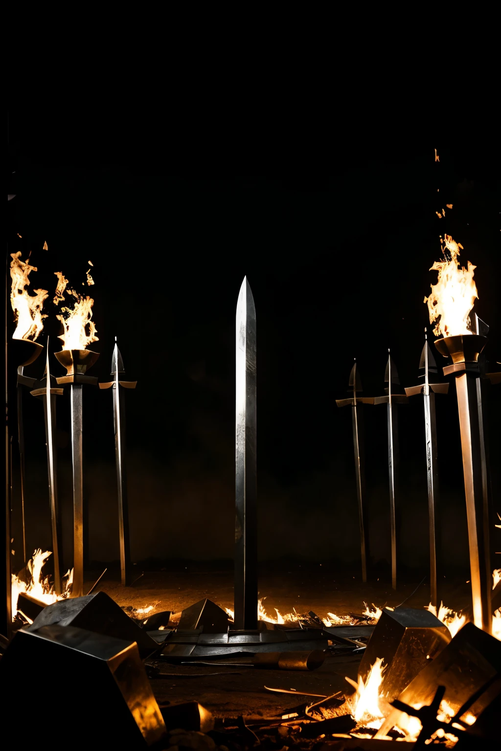 spartan armors and swords pile up on the ground, burning background, Dark scenario
