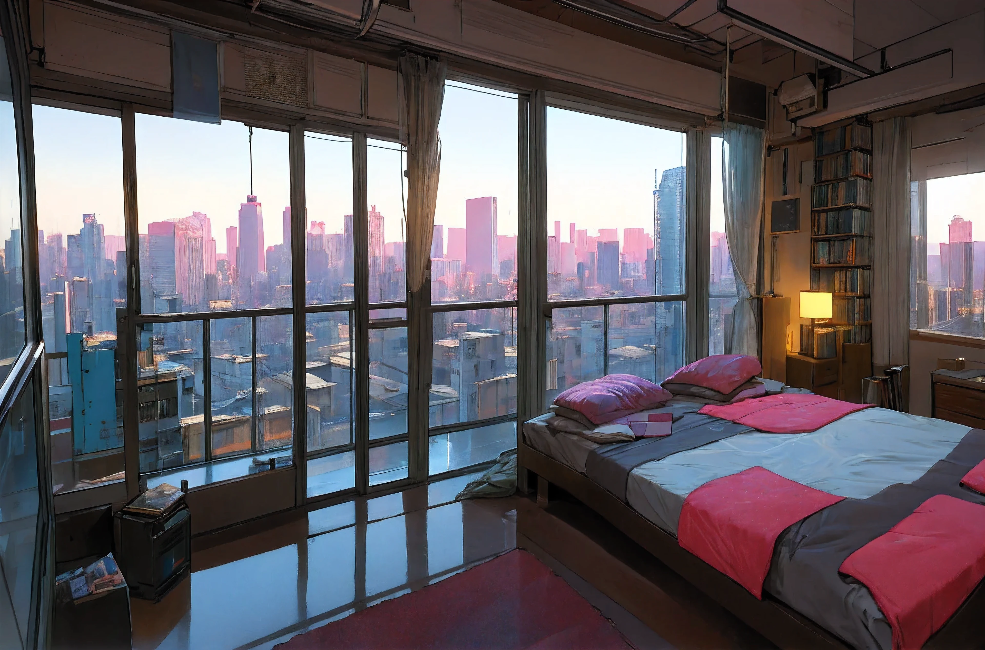 80s atmosphere, Big city view from the bedroom window, cyber punk, praise, A room with books and a tidy bed, Lots of details, 8k, Detailed Images, highest quality